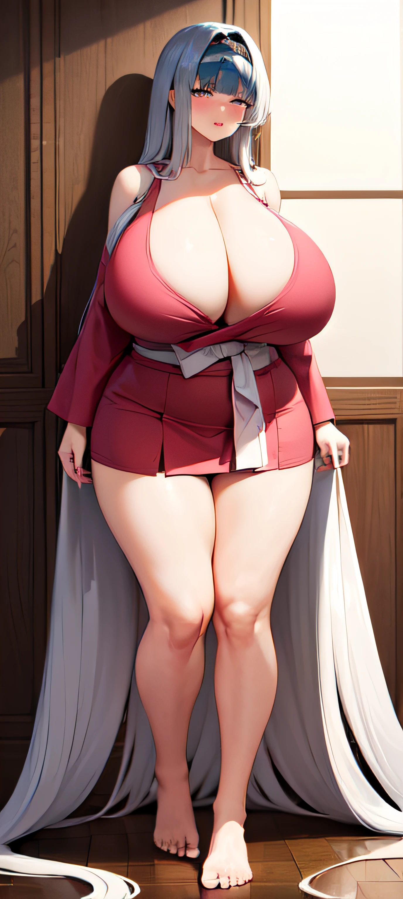 (((very long hair, smooth hair, blunt bangs))), thicc, very big breast, huge breast, short yukata, obese girl, full body shot