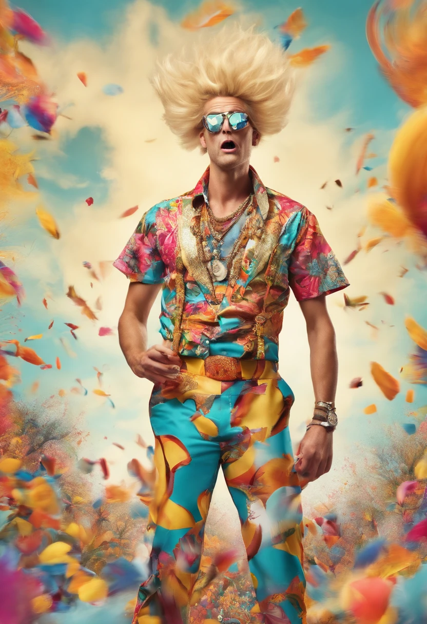 Mad man wearing crazy clothes with blonde outburst on face , imagem estilo cartoon, isolado em fundo branco