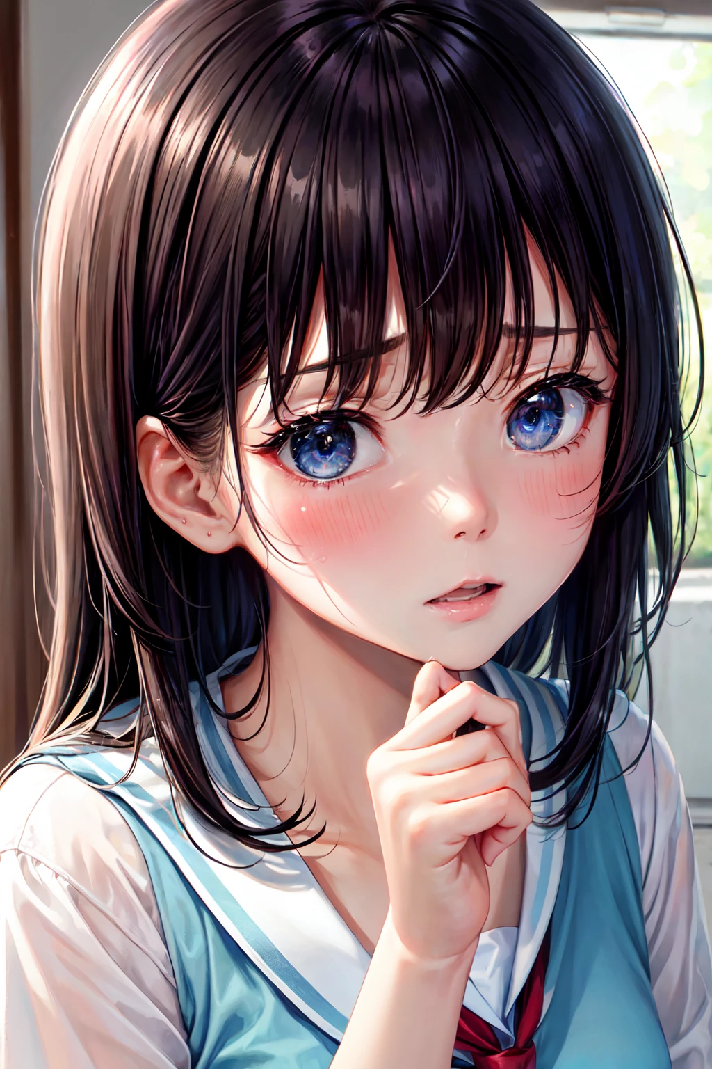 hight resolution, top-quality,  ultra-quality, The ultra-detailliert, lighting like a movie、close up to face 、1girl in、embarrassed from、full of sweat、Wearing sweat、school classrooms、