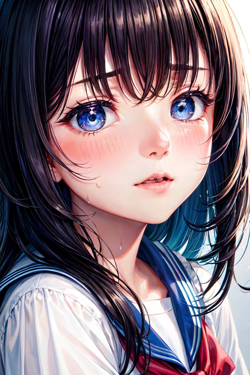 hight resolution, top-quality, ultra-quality, The ultra-detailliert, lighting like a movie、close up to face 、1girl in、embarrassed from、full of sweat、Wearing sweat、school classrooms、