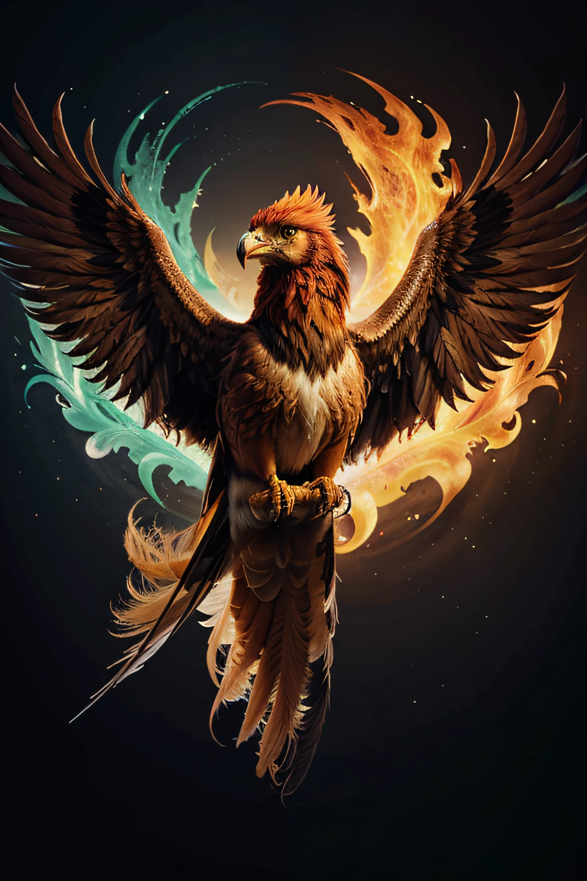 Create a logo with the image of the phoenix. The colors and theme of the image should be related to the bird's colors. The image should be futuristic and dark. It must be ultra-realistic and in high definition.