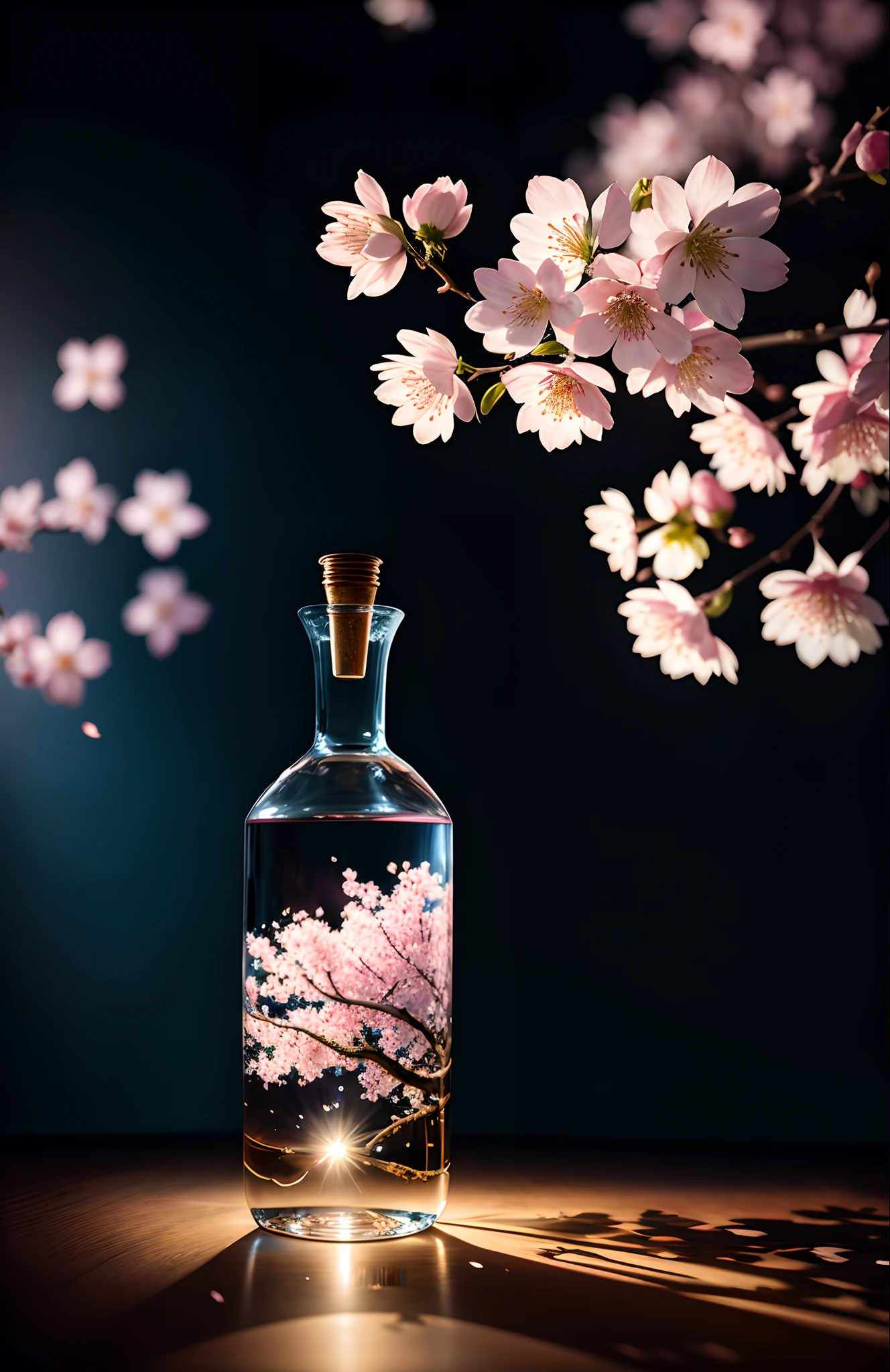Cherry blossom tree in a bottle, Fluffy, Realistic, Atmospheric light refraction, author:Lee Jeffries Nikon D850 Film Stock Photo 4 Kodaport 400 Camera F1.6 Shots rich colors Ultra-realistic realistic textures Dramatic lighting Trends on Unreal Engine ArtStation CineStill 800, Style-Glass