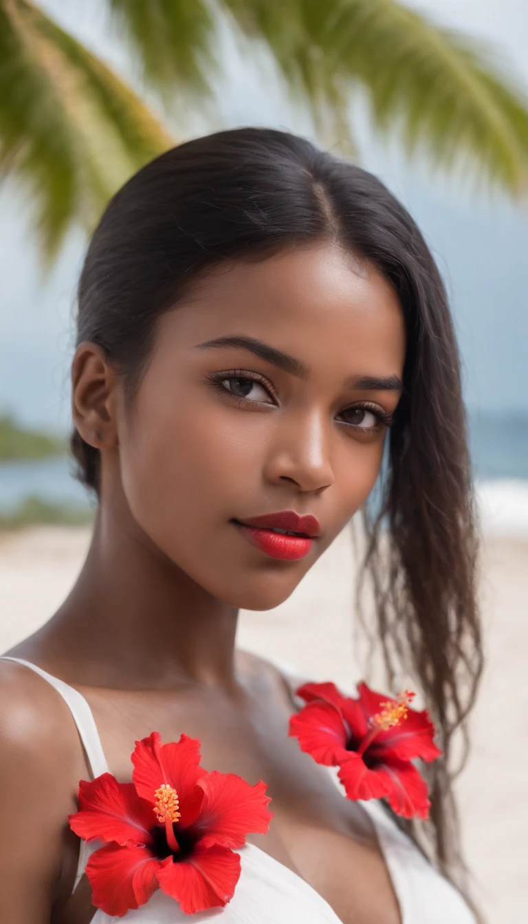 beautiful young African woman, small breasts, black power style hair, one red hibiscus flower in her hair, wearing a long white t-shirt, on the sand, sea in the distance, coconut trees. Full body image