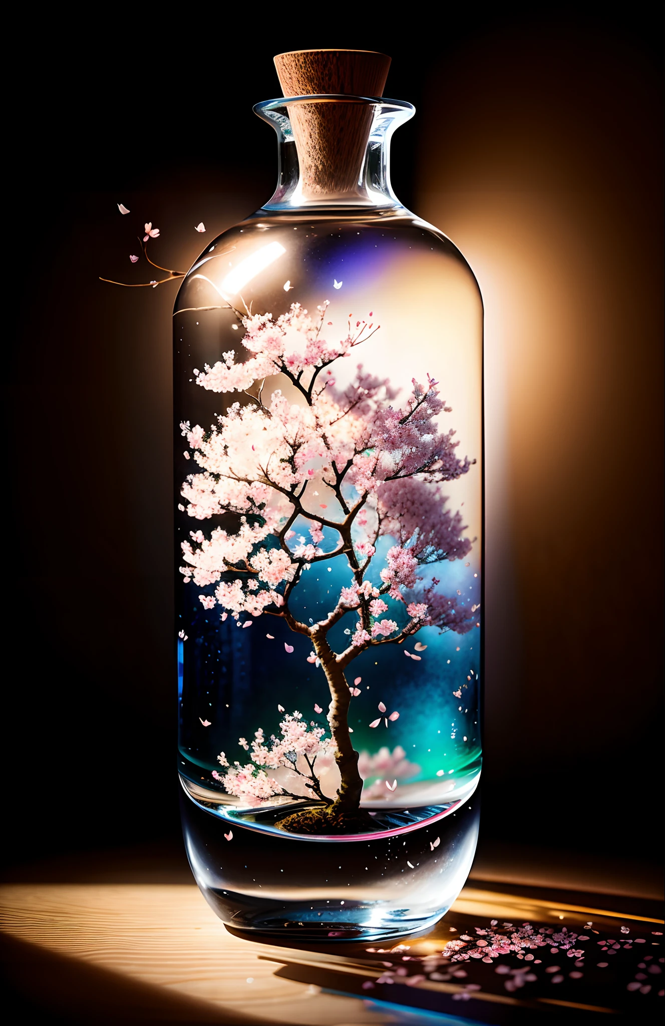 Cherry blossom tree in a bottle, Fluffy, Realistic, Atmospheric light refraction, author：Lee Jeffries Nikon D850 Film Stock Photo 4 Kodaport 400 Camera F1.6 Shots rich colors Ultra-realistic realistic textures Dramatic lighting Trends on Unreal Engine ArtStation CineStill 800, Style-Glass