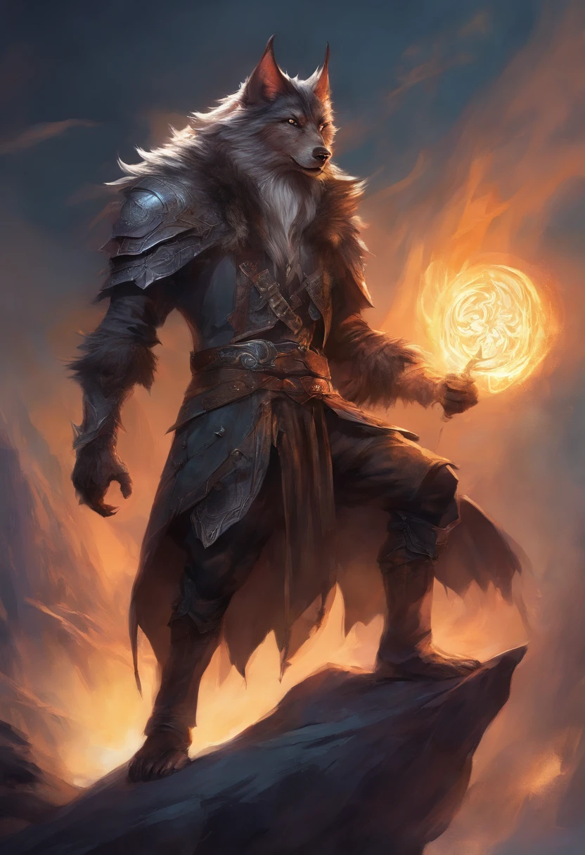 werewolf form, Front, close portrait, male, rogue, malevolent, hiding, dungeon, light armor, black witch hunter hat