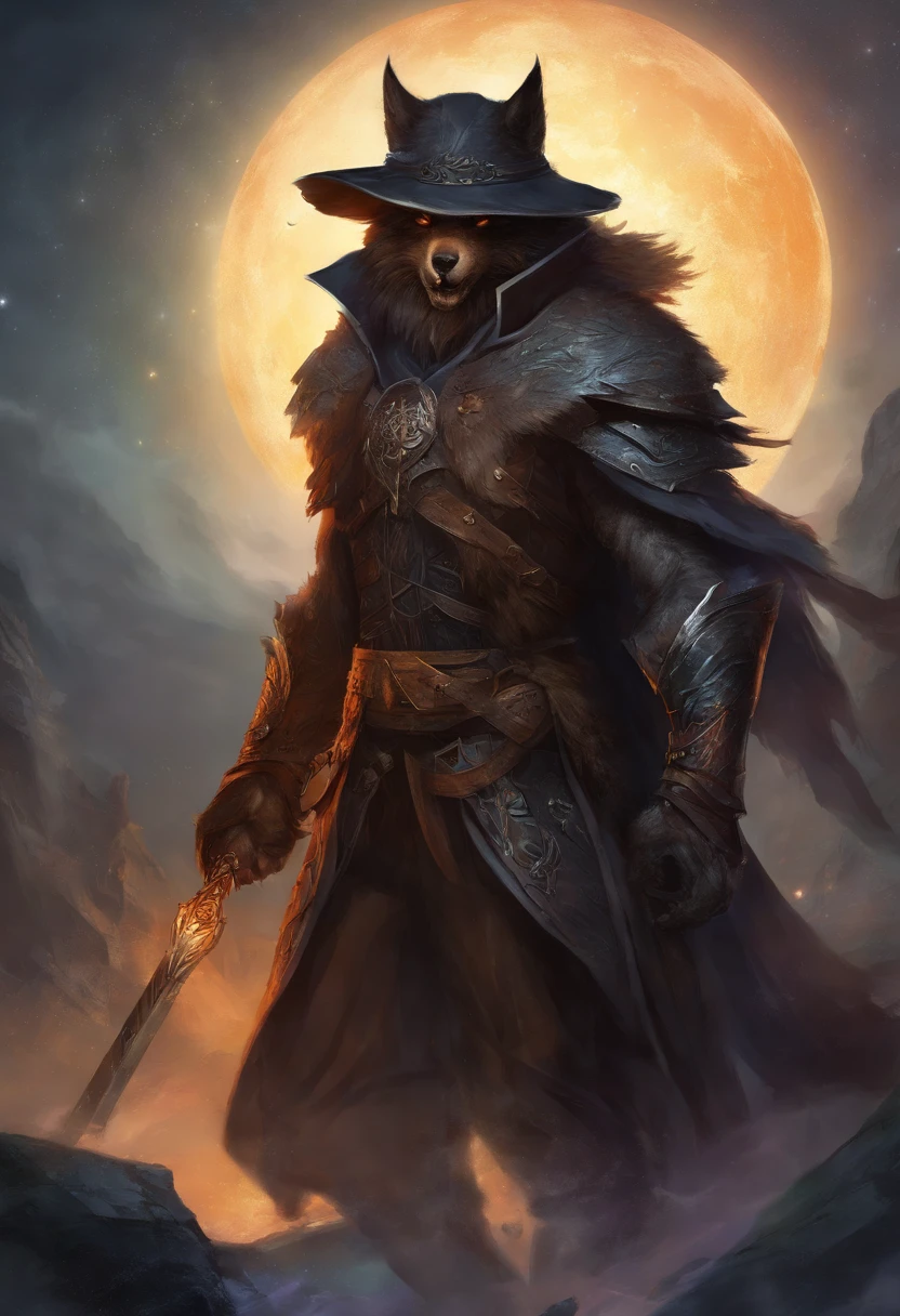 werewolf form, Front, close portrait, male, rogue, malevolent, hiding, dungeon, light armor, black witch hunter hat