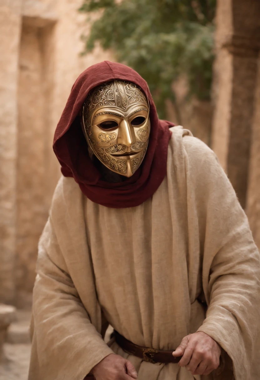 A depiction of Baldwin, the leper king of Jerusalem, wearing a mask to hide your face, demonstrando sua luta contra a lepra.