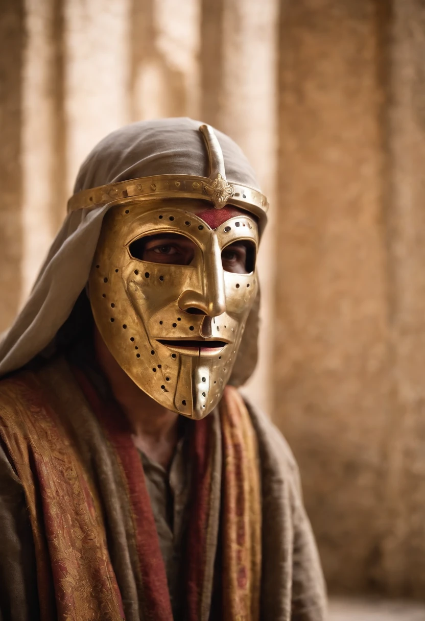 A depiction of Baldwin, the leper king of Jerusalem, wearing a mask to hide your face, demonstrando sua luta contra a lepra.