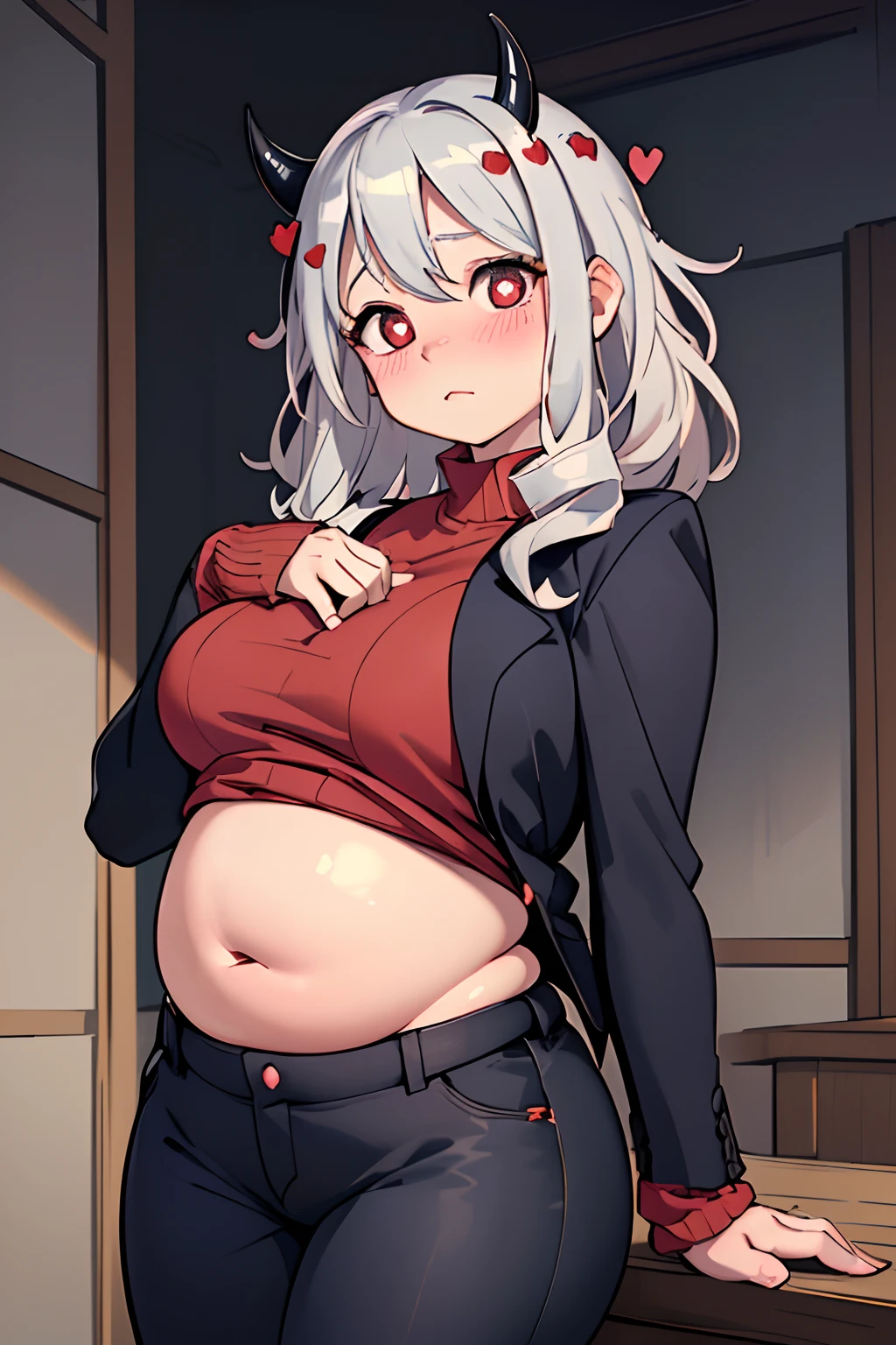 (masterpiece, best quality:1.2), cowboy shot, solo, 1girl, htmodeus, blush, fake belly under shirt, ((plump belly)), puffed cheeks, looking at viewer, holding, heart-shaped pupils, shirt, black jacket ((rolled up to middle arm)), red shirt, sleeves past wrists, pants, grey pants