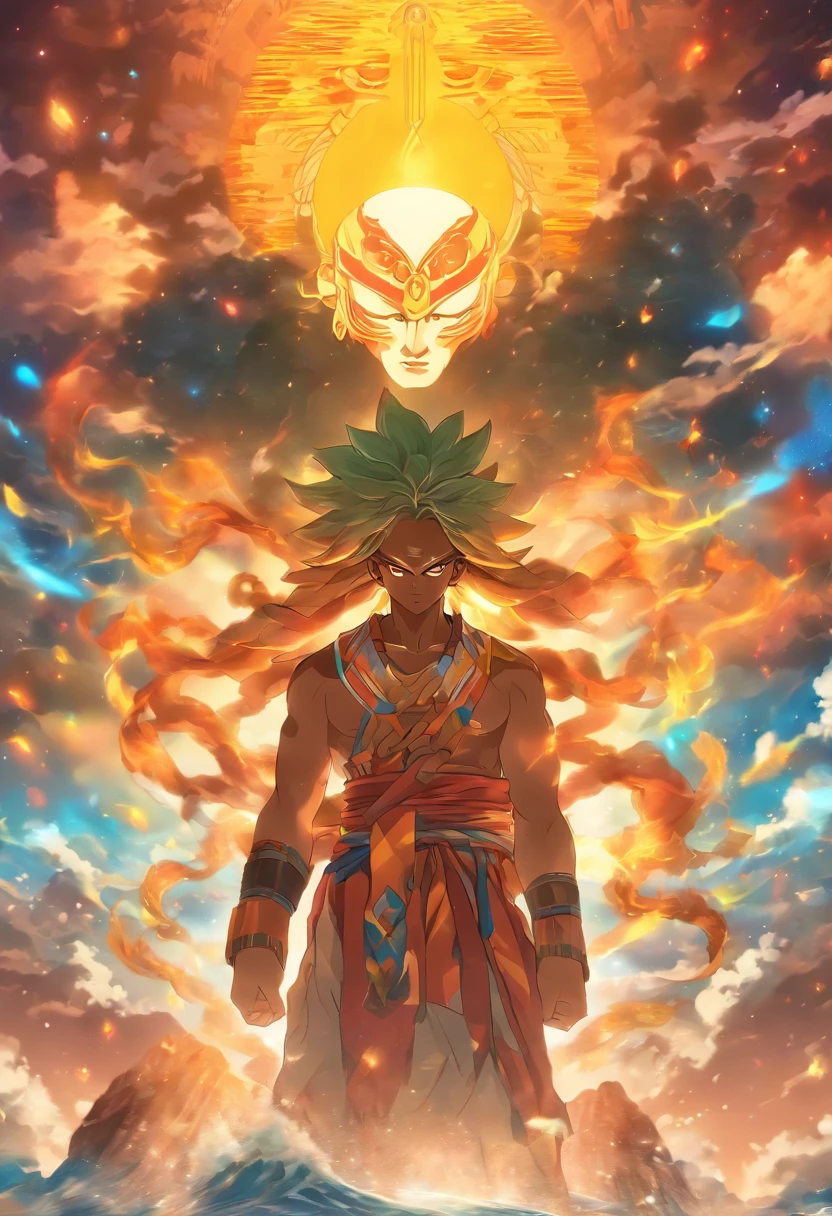 (((Abaangui))) best quality, ultra-high resolution, 4K detailed CG, masterpiece, indigenous god, waning moon, indigenous mythology, Brazil, aesthetics, ((no nose)), beautiful image, screen-centered , full body