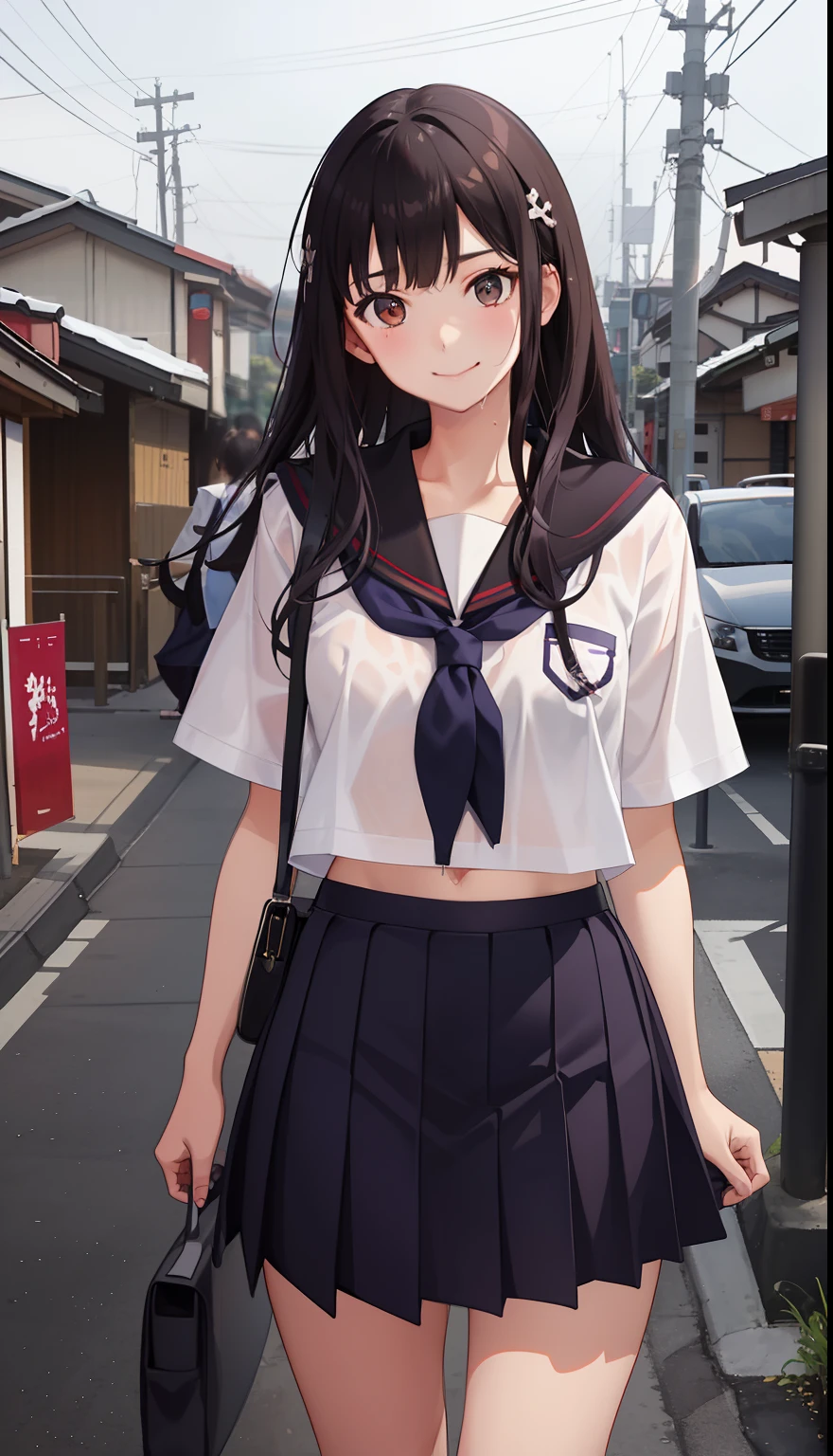 1girl in、A smile、The shirt、skirt by the、(small tits)Chilarism、Japan High School Student Uniform、serafuku、summer clothing、Squall Drenched Uniform、(Sheer Bra)、Upper body portrait、
