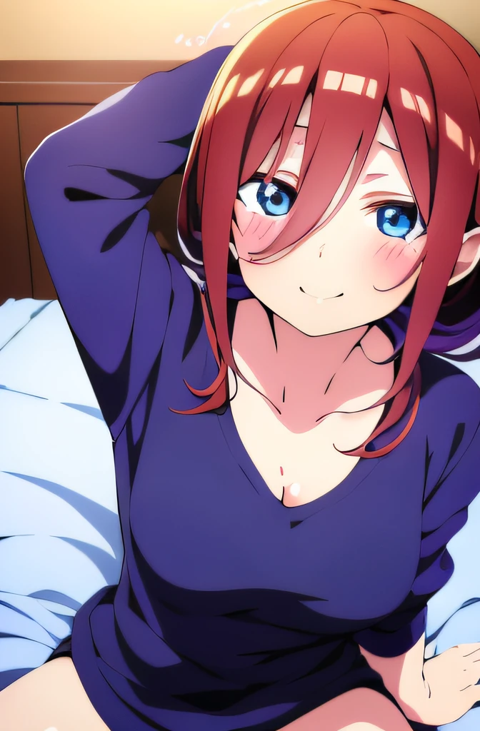 ((masutepiece)), ((Best Quality)), (Ultra-detailed), Anime style, on the bed, Cut s, 1girl in, Solo, ((Beautiful eyes))0, Smile