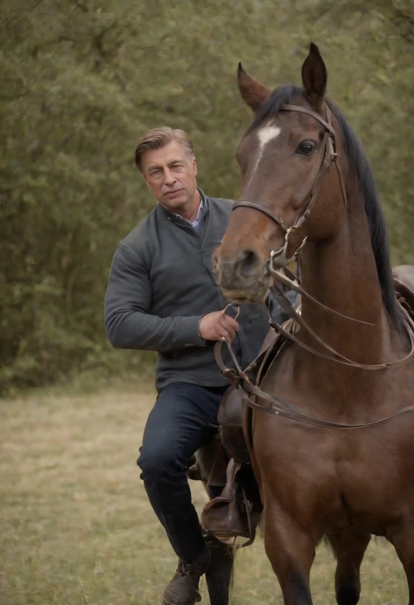 Baldwin montando um cavalo com destreza, utilizando apenas os joelhos, while your right hand remains motionless due to lack of sensation.