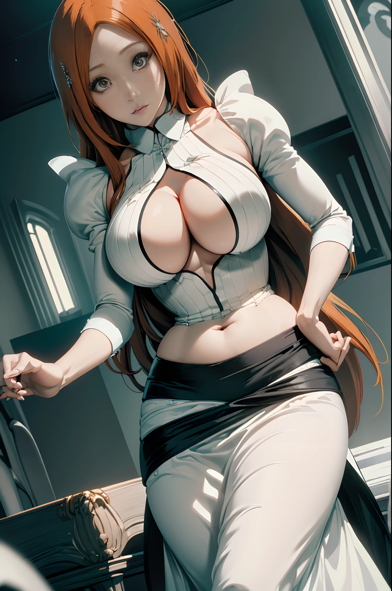 ((Detailed, masterpiece, 8K)) Orihime inoue, bleach, wide hips, nice breasts, big ass, seductive, (Orihimesomakjskirt ,cleavage, long skirt), bedroom, looking at viewer, seductive and sexy stance, seductive look on her face