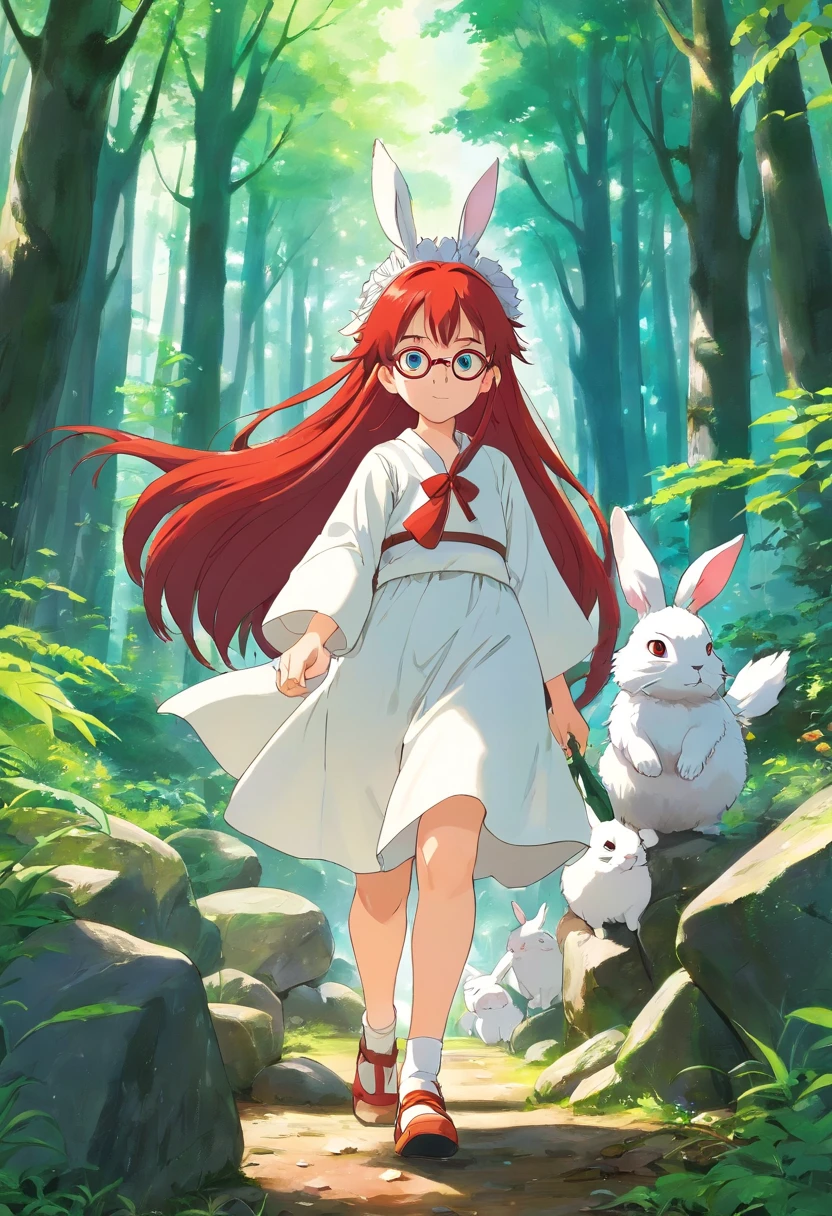 long red hair、verd s eyes、 wearing white headdress walks in forest、When passing near some rocks、With a rabbit with glasses、Full body photo of an 8-year-old girliry with shiny wings like an arch