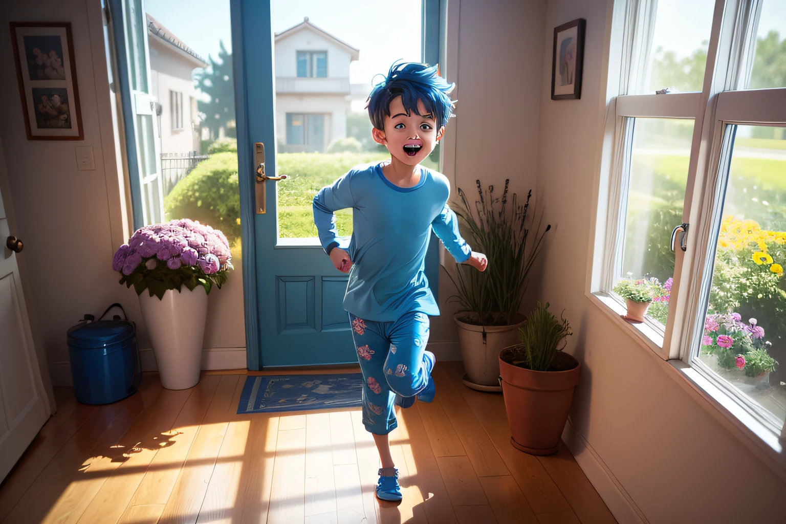 pixar style, a boy wearing blue pijamas running to the front door between two huge windows with flower boxes full of color flowers, cinematic, 4k