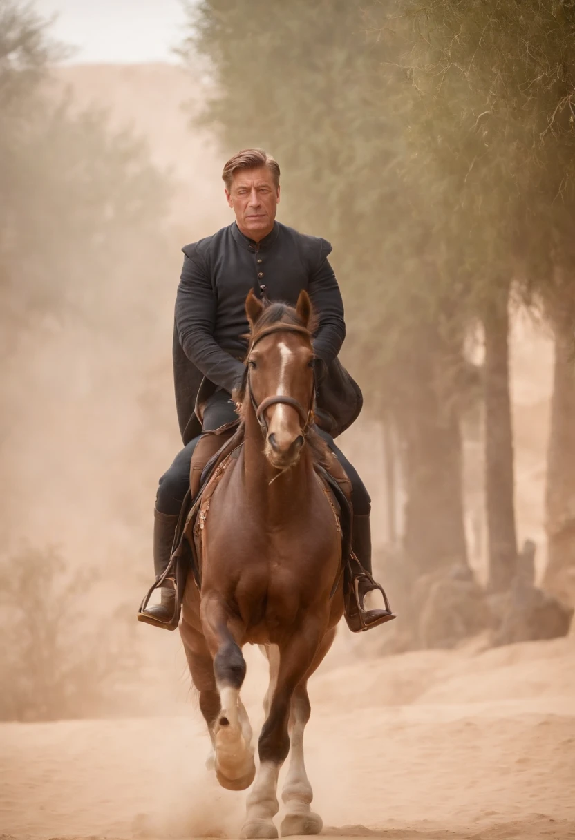 Baldwin riding a horse in Babylon with dexterity, utilizando apenas os joelhos, while your right hand remains motionless due to lack of sensation.