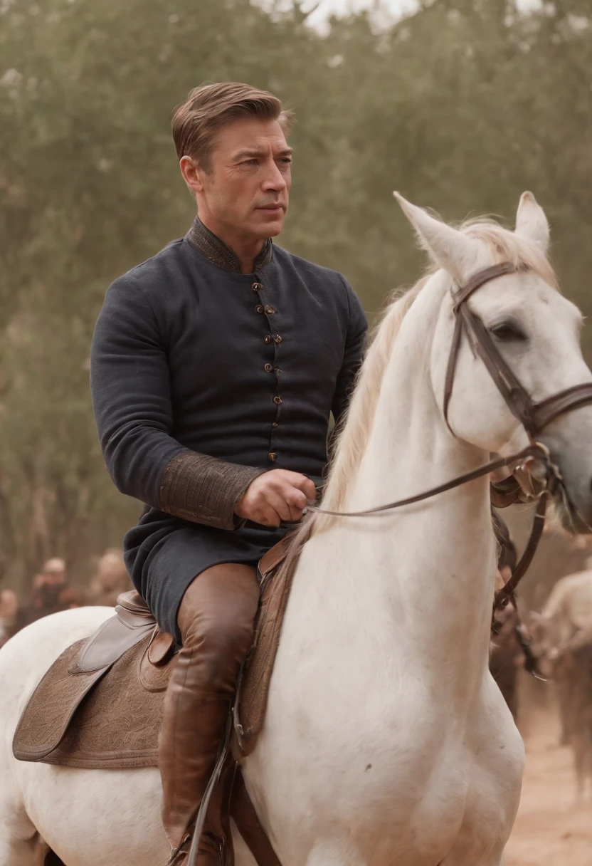 Baldwin riding a horse in Babylon with dexterity, utilizando apenas os joelhos, while your right hand remains motionless due to lack of sensation.
