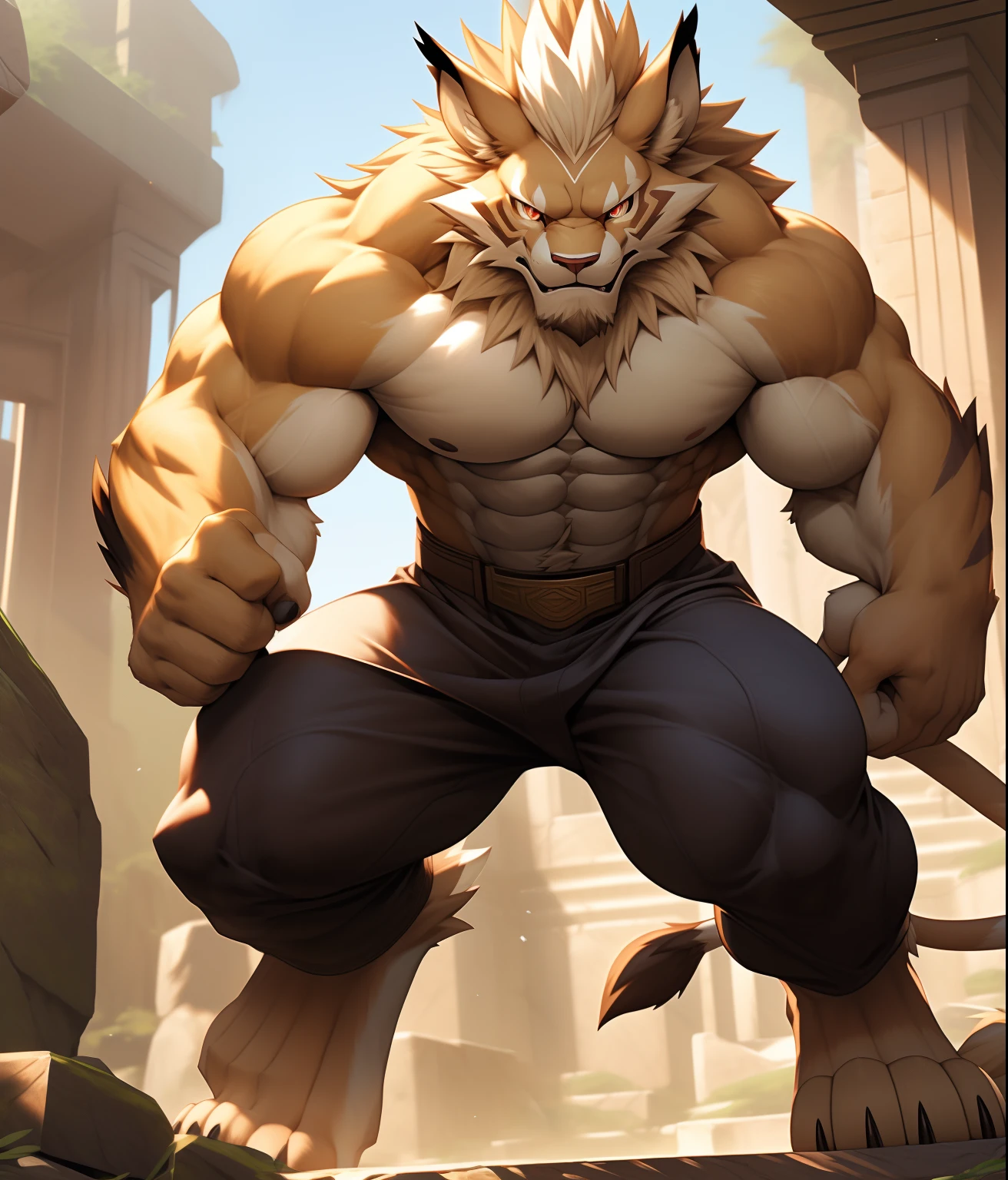 nj5furry, (Leomon, massive, huge), Leomon, ((extremely realistic shadows, masterpiece, extremely detailed, photorealistic)), kemono, the fur on his torso and thighs is the same color as the fur on his back, (((LIGHT BROWN FUR))) Leomon, ((detailed face)) red nose, red eyes, ((detailed eyes)), tan skin, tan fur, tan hair, height 3 meters high, the optimal height, tight clothing, body full of muscles; muscle pecs, ripped abs, V-shaped body, thick waist, long legs, strong arms manly, handsome face, attractive cool calm face type with a cold smile, topless. Ruins of a Jedi temple  behind him; wears a ery tight dark brown Jedi style pants revealing huge muscular thighs and a light brown cloth belt.