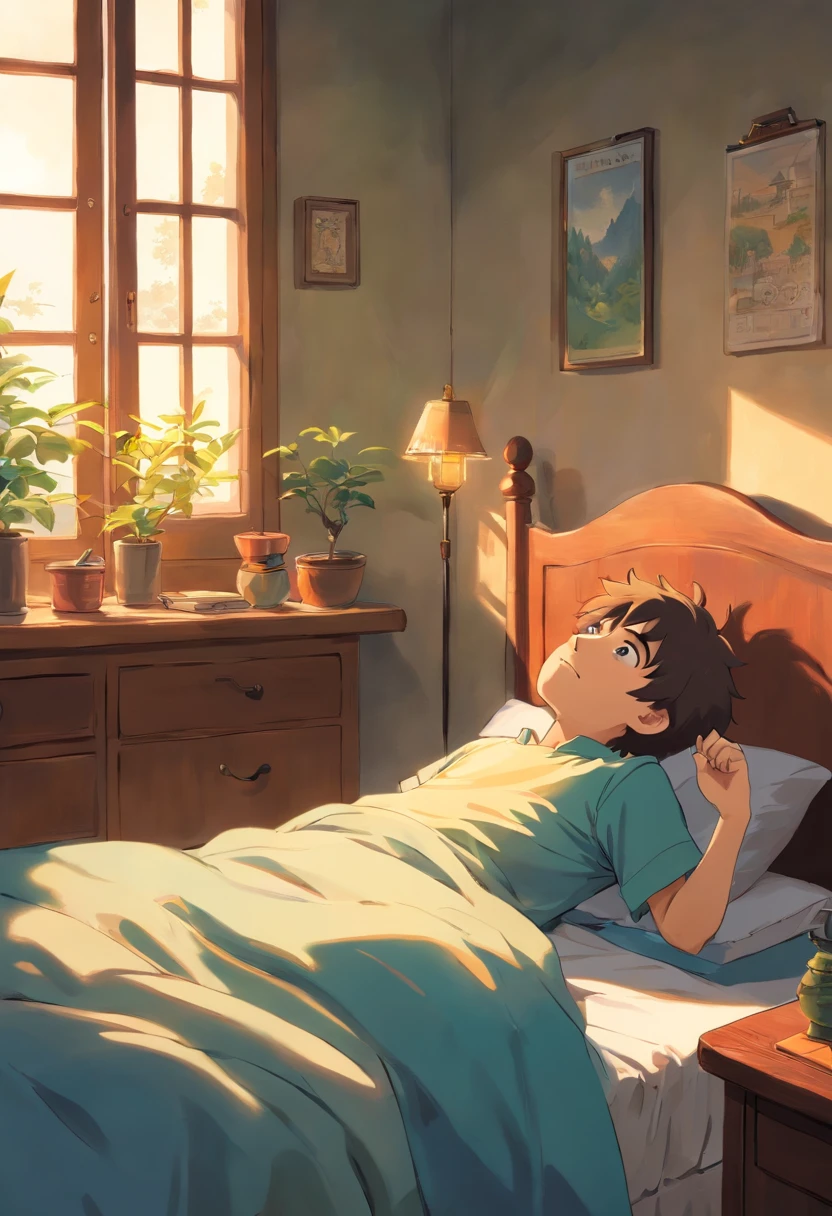 Same boy waking up early in the morning ready for school