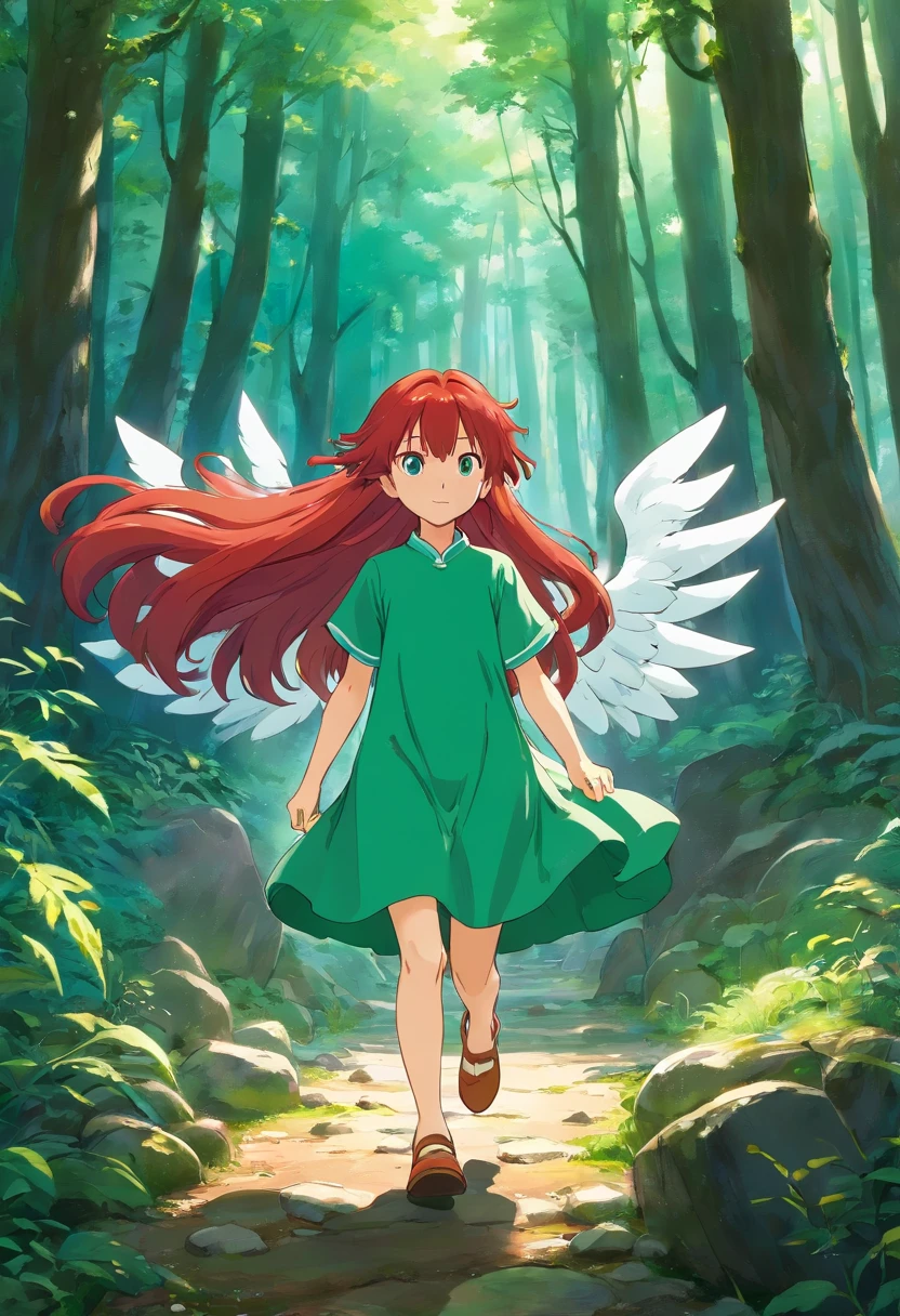 long red hair、verd s eyes、Wearing a green hair dress、Walking through the forest、Full body photo of an passing near some rocks。She、I found a fairy with shiny beautiful wings。