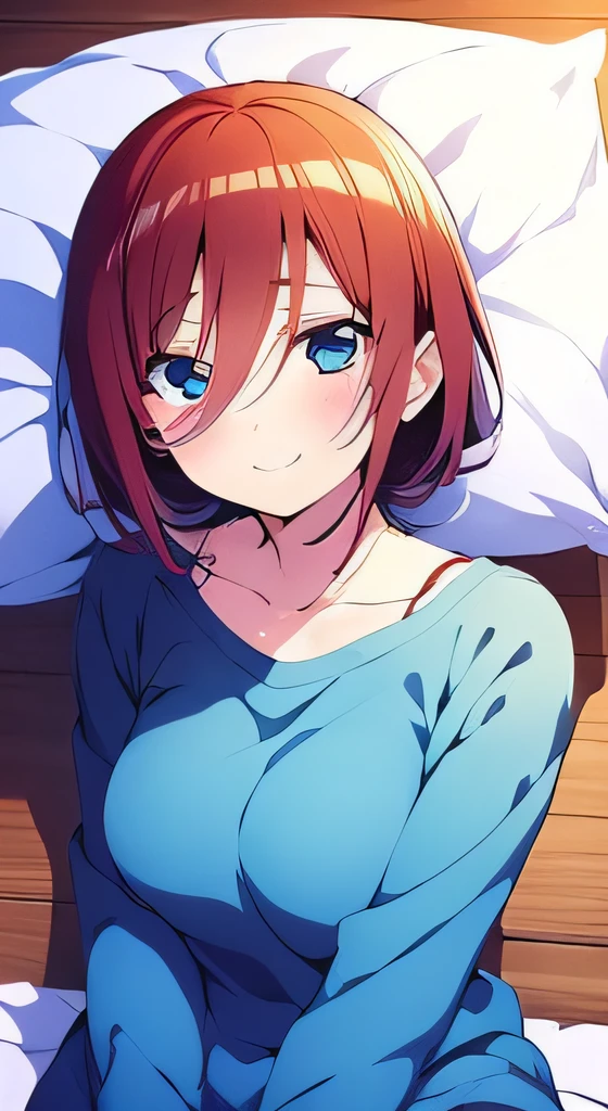((masutepiece)), ((Best Quality)), (Ultra-detailed), Anime style, on the bed, Cut s, 1girl in, Solo, ((Beautiful eyes))0, Smile