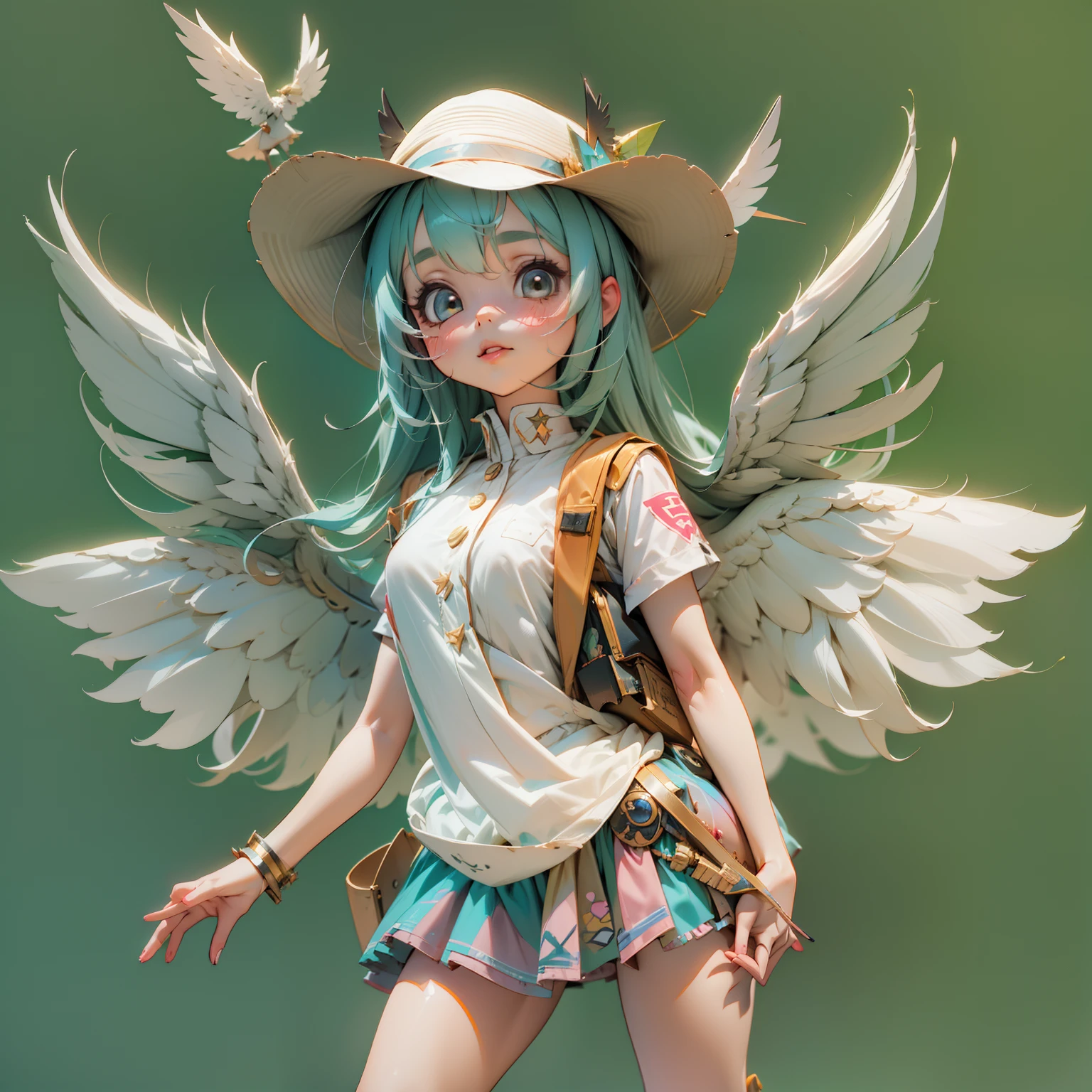 A cute girl with wings on her back and a hat，3d anime girl，3d effect，Full body like，super detailing