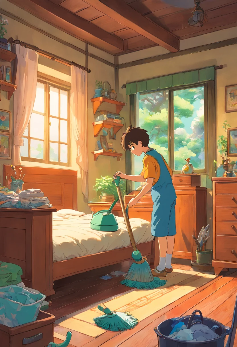Same boy cleaning his bedroom