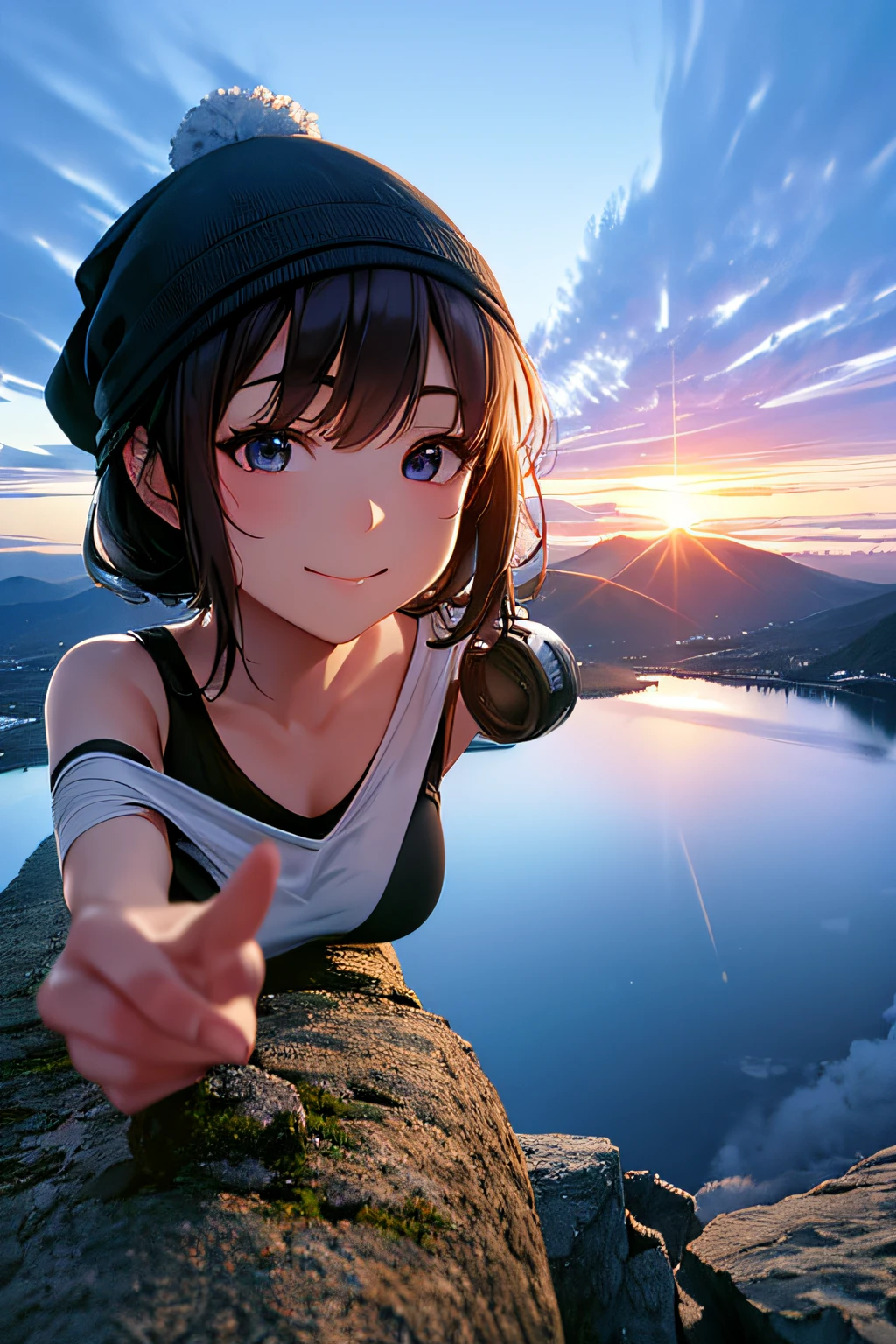 (Upper body selfie:1.3),Summer climbing,With a superb view from the summit in the background,Beautiful sunrise,Remove the beam from above,Backlighting,Generate images of beautiful women around the world,Especially while reflecting elements of Western beauty.Woman with natural smile and attractive expression,Woman with natural smile and attractive expression,Transparent skin,sparkle in eyes,Expresses an elegant atmosphere,,Solo, backpack,knit hat,Tank Tops,gloves,Mountain boots,water bottle,Camping stove,kettle,mug,Single-person tent,strong wind blowing,Hair fluttering in the storm,(The 8k quality,masutepiece,top-quality,Ultra-high resolution output image,),(Highly detailed raw photos:1.3),(Image Mode Ultra HD),Studio Ghibli style quality,