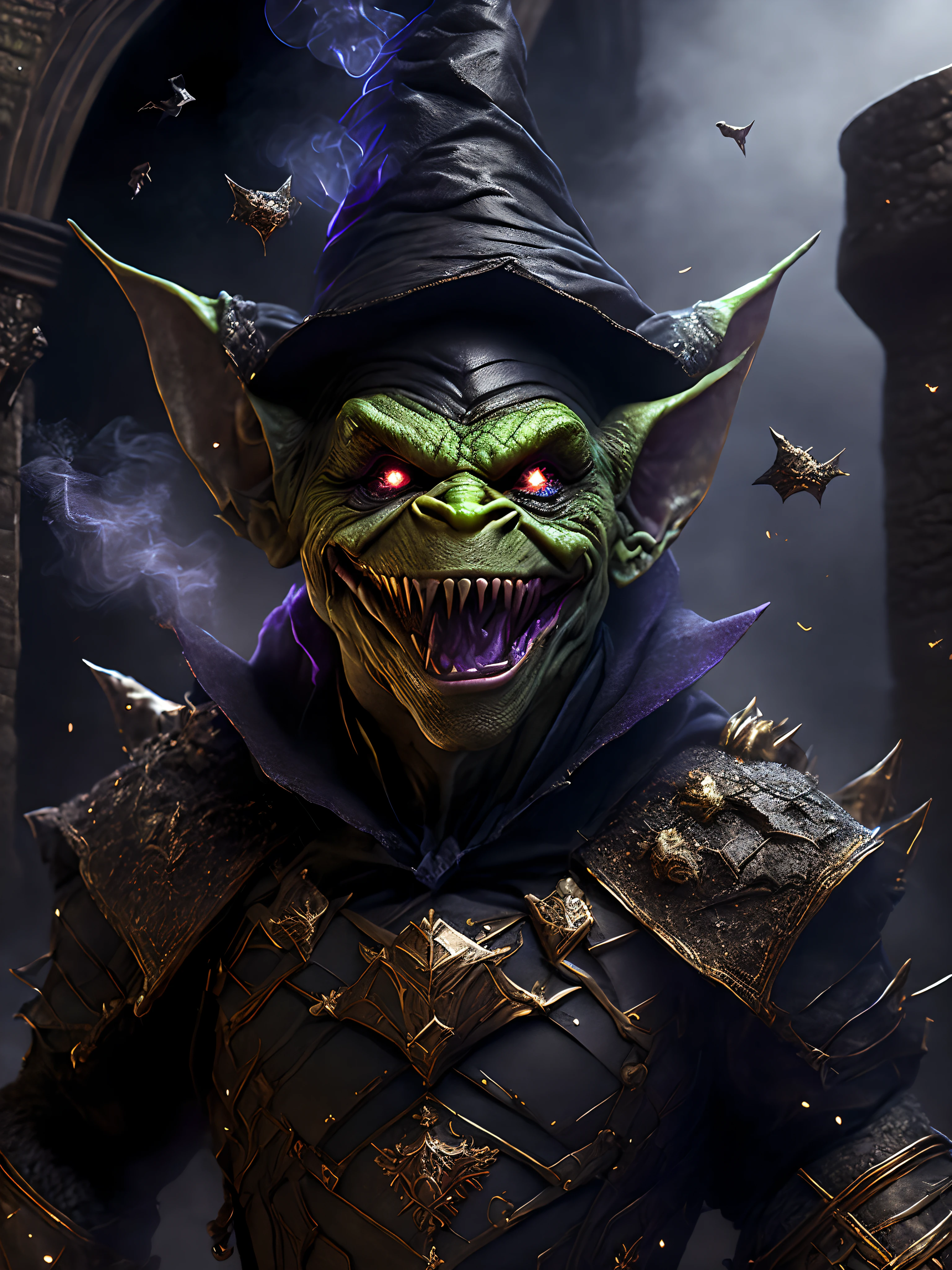 Close-up ( scary goblin wearing a witch costume from Marvel in Goth style: 1.3) emerging from the witches castle, extremely detailed, smoke, sparks, metal shavings, flying debris, volumetric light