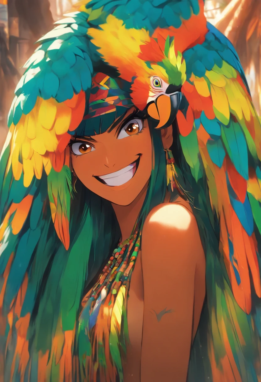 Wild Xavante India, extreme tanned skin, extreme long black straight hair messes over naked boobs,a bit muscular, huge macaw blue parrot feather headdress, medium breast, athletic built, long legs, curvy, big parrot feather cover , breast painted blue and yellow, indigenous yellow and green facial painting, huge macaw blue parrot feather necklace, honey eyes,tall body, ((medium thigh))