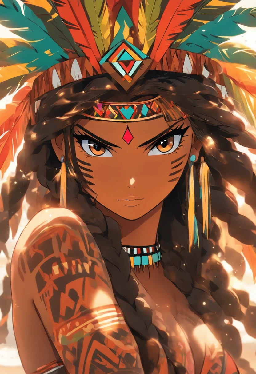 A beautiful indigenous woman in a bikini wearing a headdress, cabelos pretos longos cacheados, rosto bonito, imagem de corpo inteiro, imagem alto detalhe, simetria, Arte de Fantasia