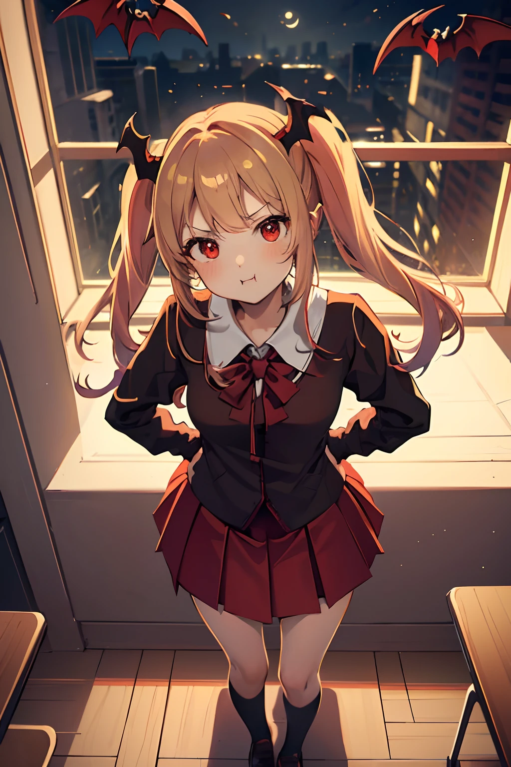 (simplistic),full body view,intricate details,(best quality),(masterpiece:1.2),(detailed:1.2),(sharp focus), blonde short hair in twintails, anime girl, vampire, vampire girl, big boobs school clothes, high school uniform, cute face, pale skin, red eyes, silly looking, silly face, ((school classroom background)), navy skirt, red tie, white social shirt, small red horns, (((pov from above))), (((small vampire wings on rear area))), fang poking out, ((night)), ((dark sky)), ((moonlight filtering through the window))