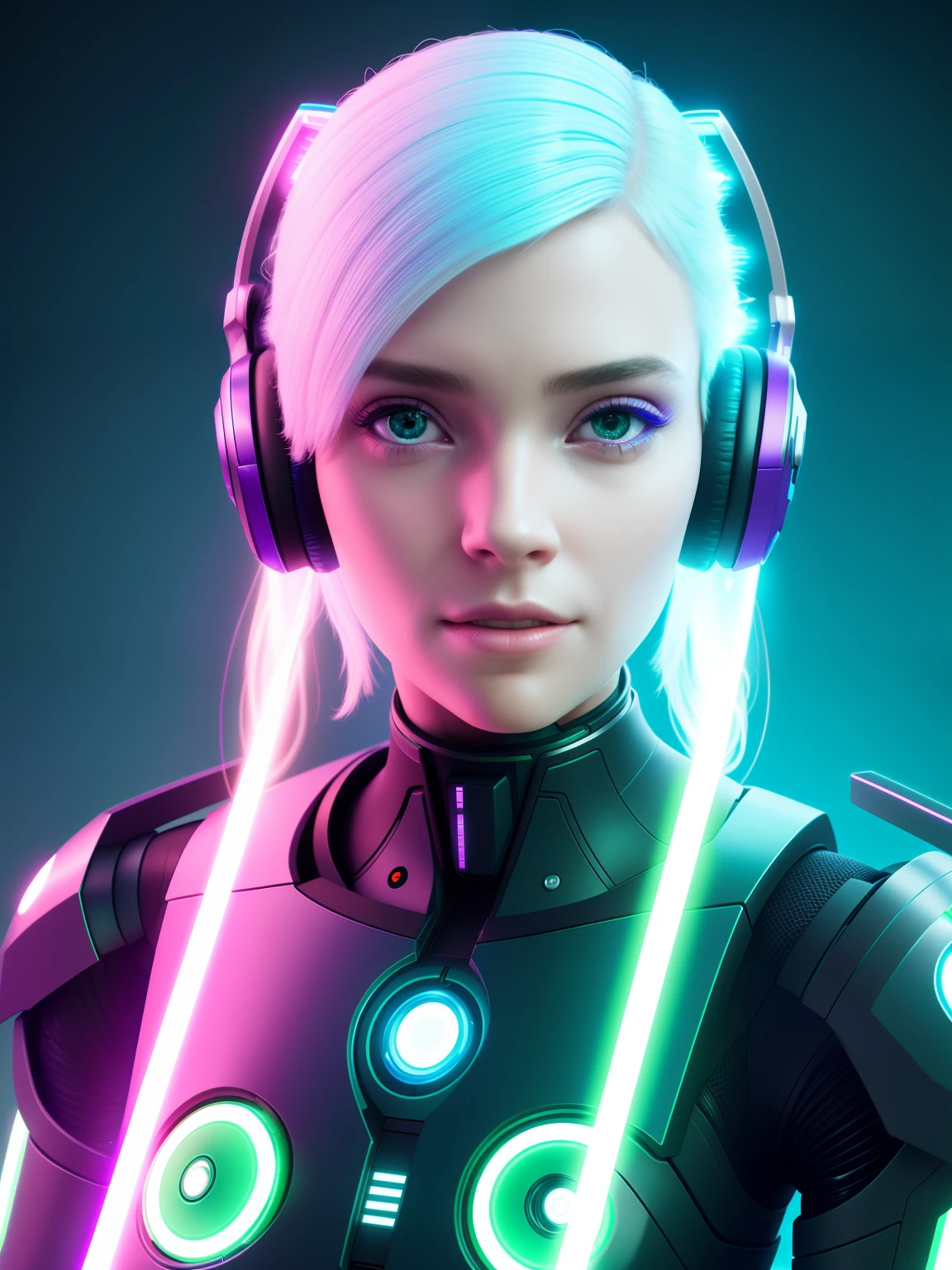futuristic woman with headphones and glowing lights in her hair, portrait beautiful sci - fi girl, cute cyborg girl, beutiful girl cyborg, cyborg girl, cyborg - girl, portrait of a sci - fi woman, beautiful cyborg girl, 3 d render character art 8 k, beautiful female android, perfect cyborg female, wlop. scifi, sci-fi android female