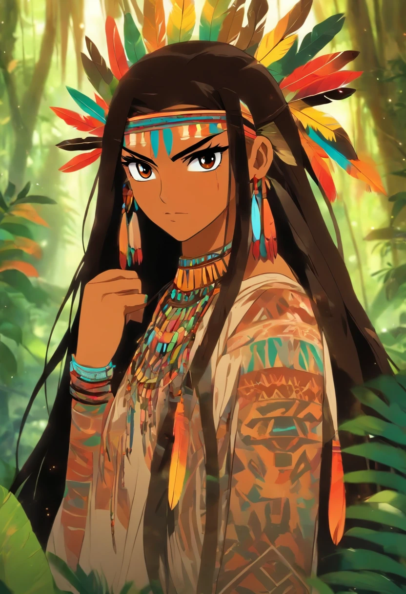 a native Brazilian indigenous She is standing, in a rainforest setting, She also wears necklaces and bracelets made of seeds and shells, that symbolize the connection with nature. Her dark hair is adorned with multicolored feathers, exibindo sua cultura e individualidade. His face is marked by tribal paintings, que representam a ancestralidade e a identidade de sua tribo.