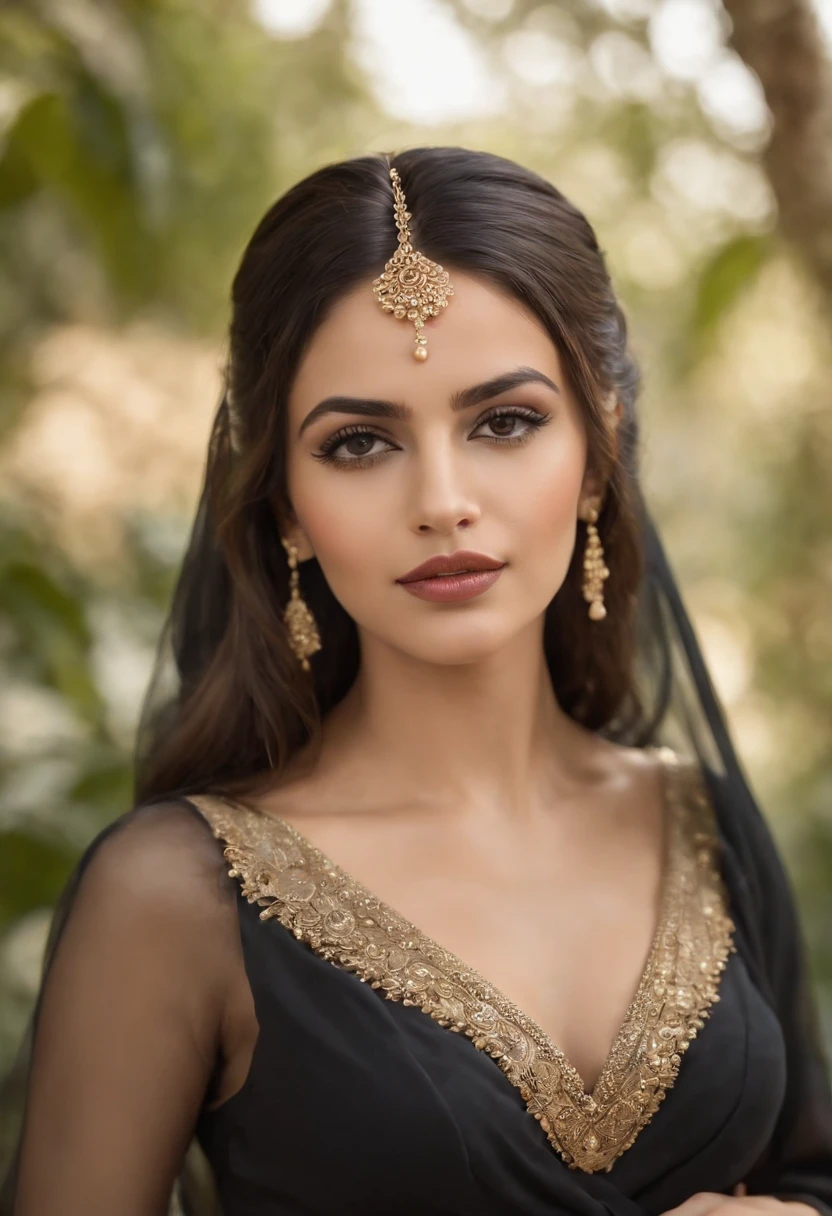 arabian woman, with long black dress and golden accessories, uma rainha, com flores no local coloridas, em um belo jardim. On the head of the Arabian queen, uma coroa dourada em ouro. cabelos pretos e longos, um pouco cacheado. well-defined lips and arched eyebrows. Gold accessories.