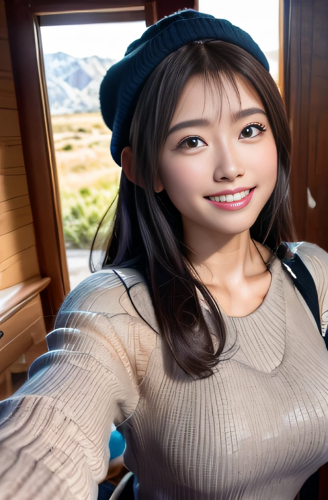 (Upper body selfie:1.3),Winter climbing,With a superb view from the summit in the background,Beautiful sunrise,Remove the beam from above,Backlighting,Generate images of beautiful women around the world,Especially while reflecting elements of Western beauty.Woman with natural smile and attractive expression,Woman with natural smile and attractive expression,Transparent skin,sparkle in eyes,Expresses an elegant atmosphere,,Solo, backpack,knit hat,Sweaters,gloves,Mountain boots,water bottle,Camping stove,kettle,mug,Single-person tent,strong wind blowing,blizzard,Hair fluttering in the storm,(The 8k quality,masutepiece,top-quality,Ultra-high resolution output image,),(Highly detailed raw photos:1.3),(Image Mode Ultra HD),