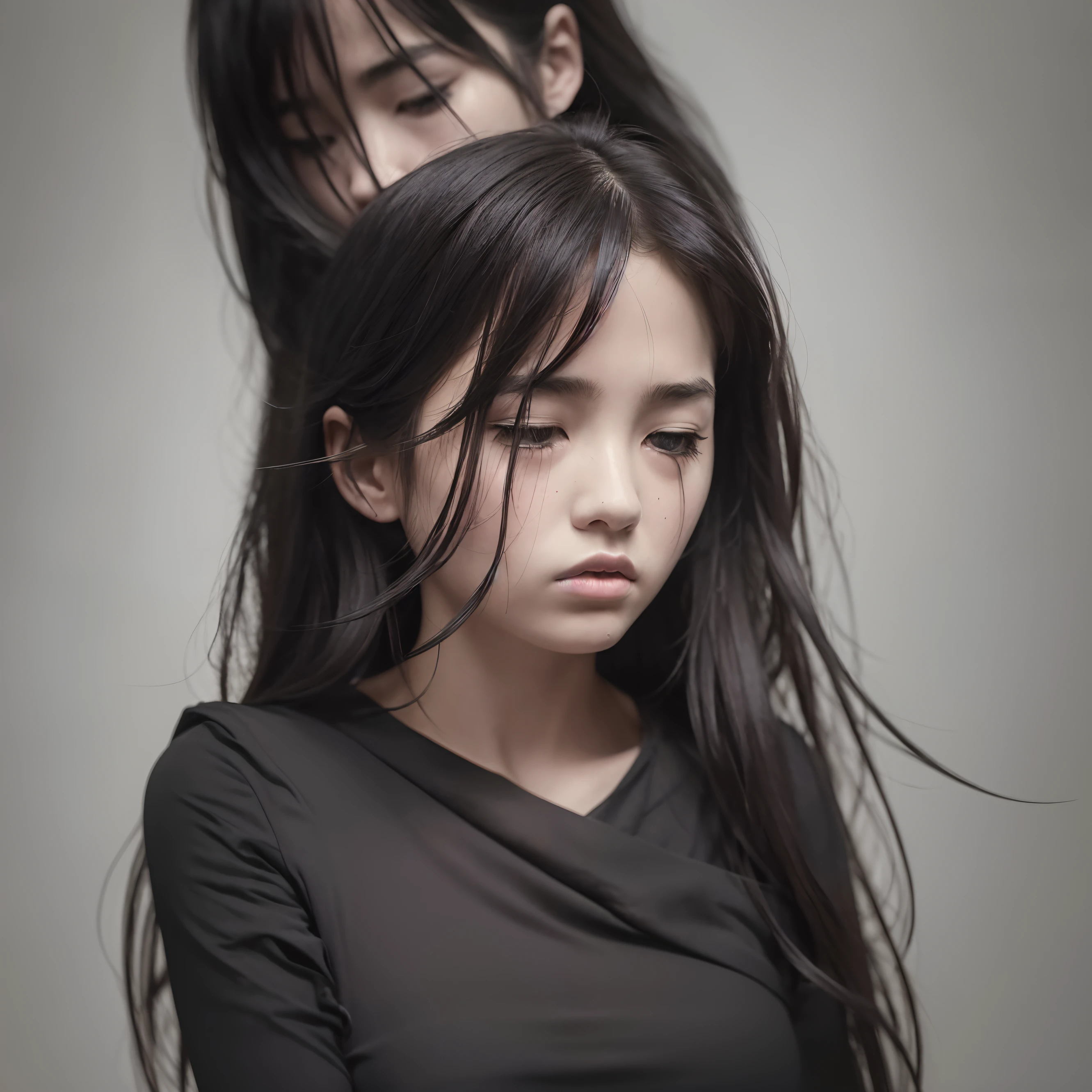 (best quality,4k,8k,highres,masterpiece:1.2),ultra-detailed,realistic,shadowed abstract charcoal girl,emotional sad grief,pale skin,dark eyes,long wavy black hair in the wind,delicate features,tears running down her cheeks,black dress with flowing fabric,standing alone in a dimly lit room,soft and subtle lighting,subdued color palette,dramatic and intense expression,pain and sorrow exuding from her,haunting and melancholic atmosphere,artistic charcoal strokes creating depth and texture,creating a sense of mystery and introspection,symbolizing the complexity of human emotions. --auto