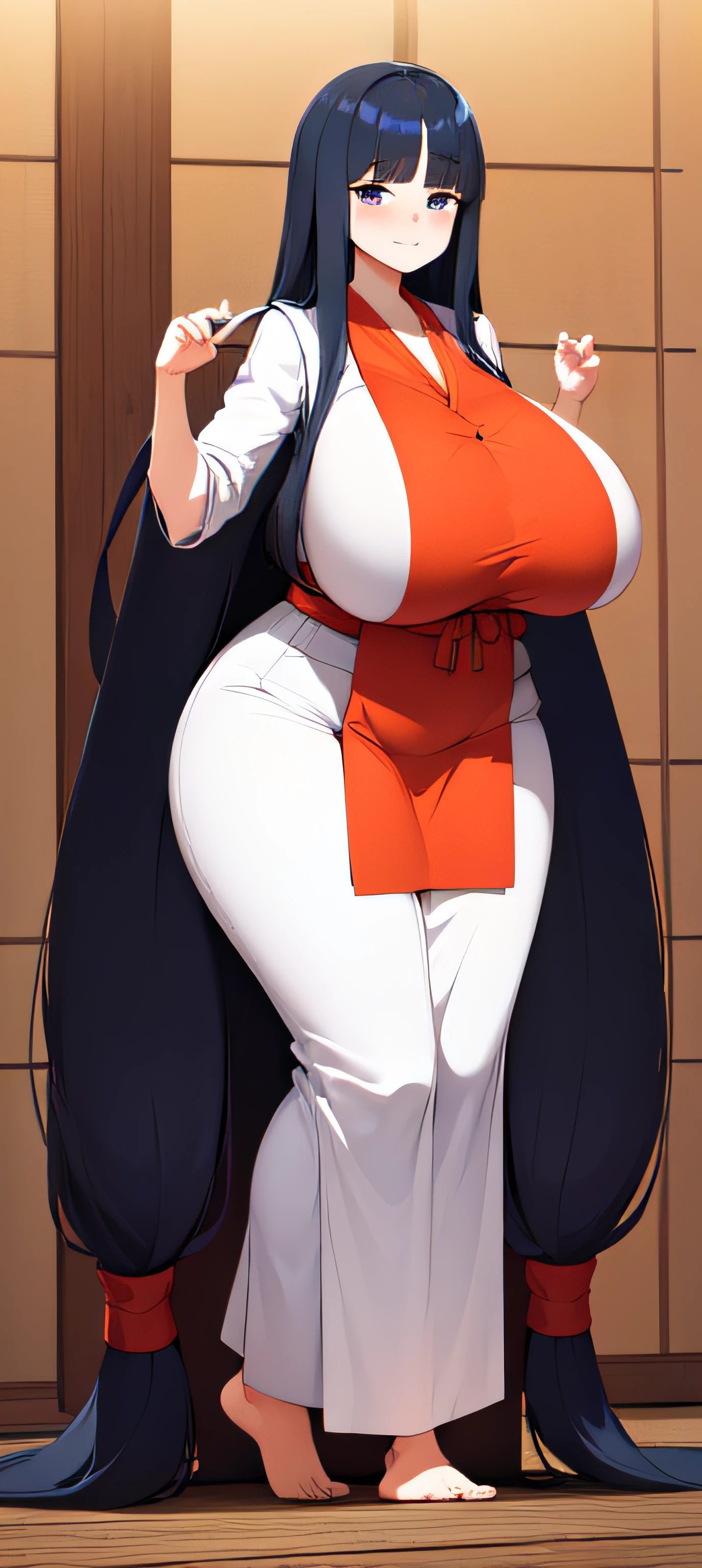 (((very long hair, smooth hair, blunt bangs))), thicc, very big breast, huge breast, short yukata, obese girl, full body shot