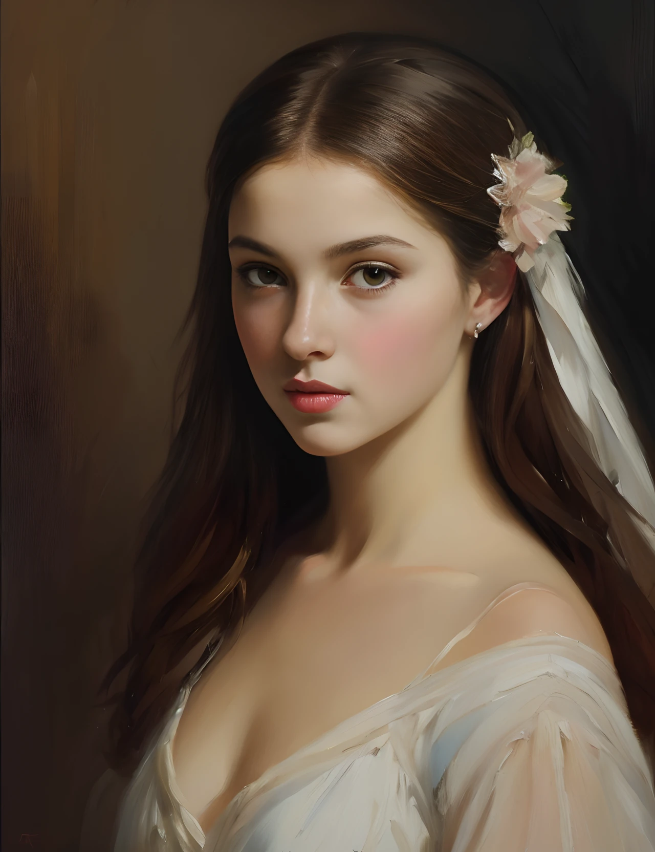 Oil on canvas
Portrait
Girl
Andrey atroshenko style
Painting
Classicism
Traditional media
Realiatic
Figurative
Fine art
8K
HDR
High resolution
High detail
Focus on face
Dark brown hair
Pale skin