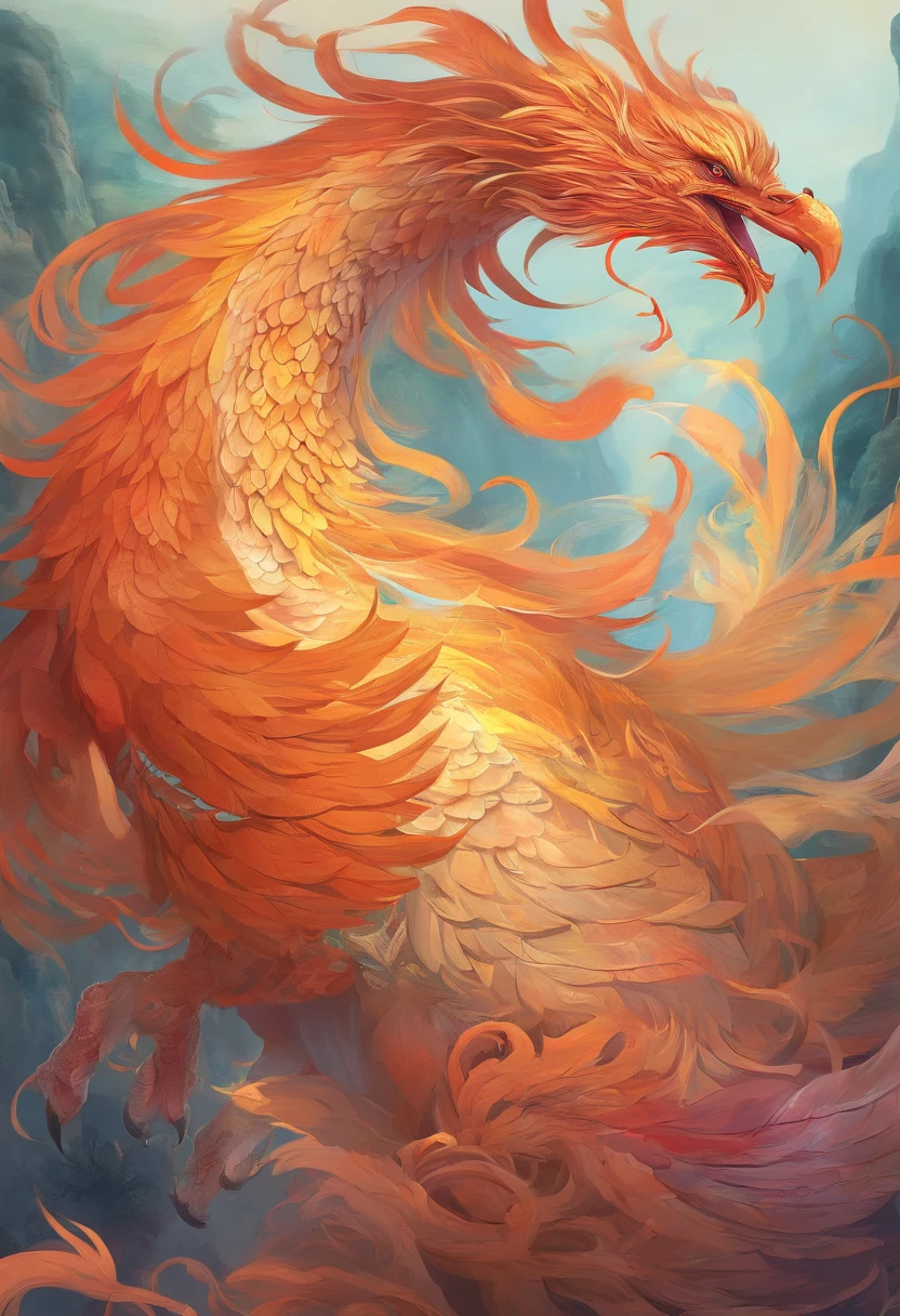 mythological creatures,((Chinese mythology fire phoenix)),Traditional Chinese elements,Ancient murals,Illustrative myths,Fuyao Legend,Dappled light,Hazy haze,mystical aura,tmasterpiece,k hd,Rich in color,Detailed details,Seven colors