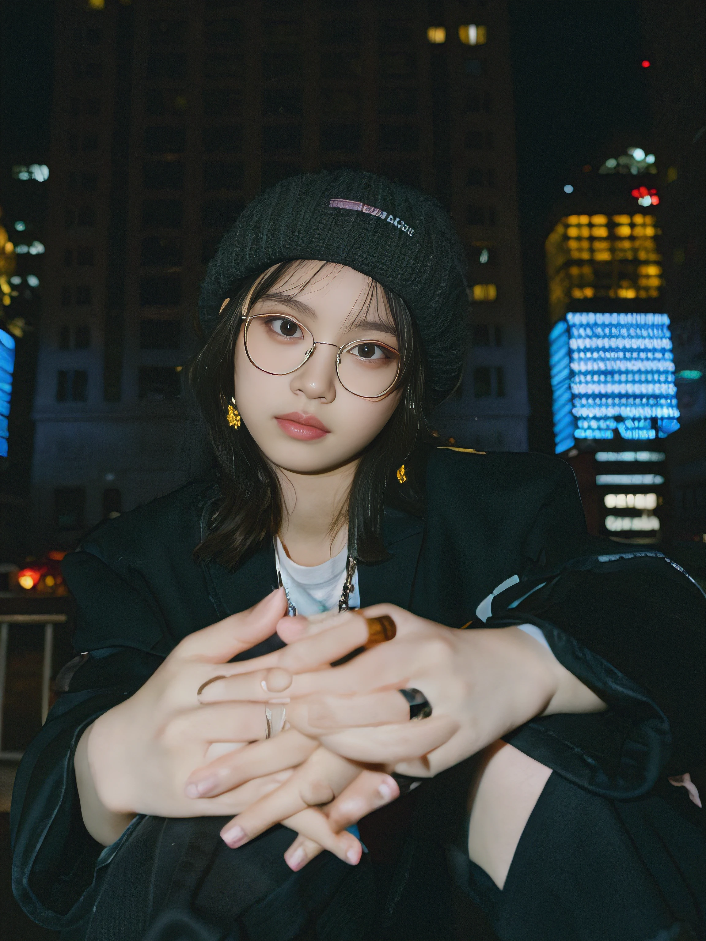 There was a woman sitting with her hands crossed, portrait of jossi of blackpink, lofi portrait, mid shot portrait, a girl with round glasses, lofi-girl, Low ISO, lofi portrait at a window, high quality portrait, Album art, A young Asian woman, ulzzangs