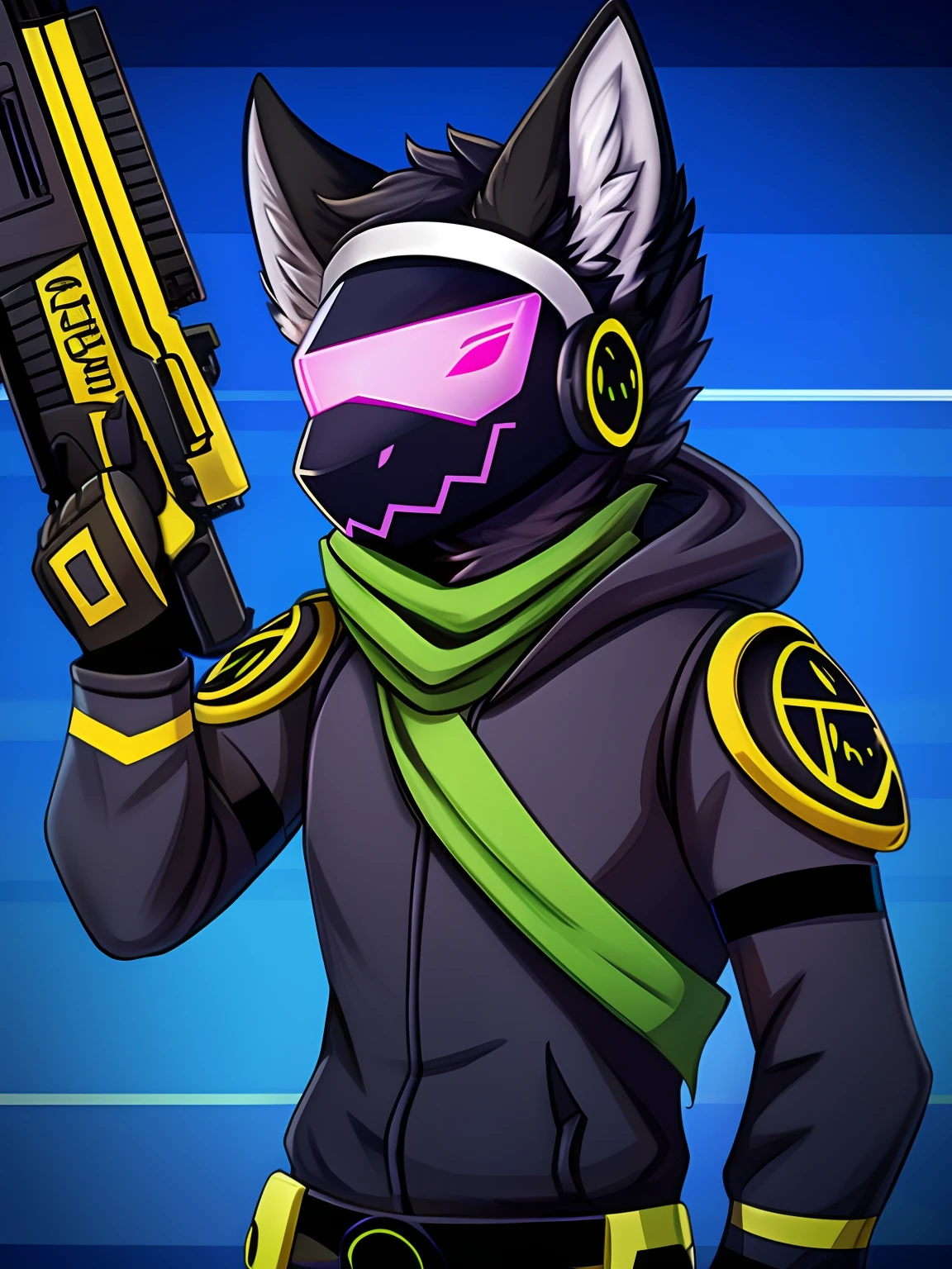 Protogen,pfp, looking at viewer,a little to the side,black fur, matching color visor, battleworn scarf,solo,pefect pose, handrawn,black hoodie,matching clothes,holding weapon,gun