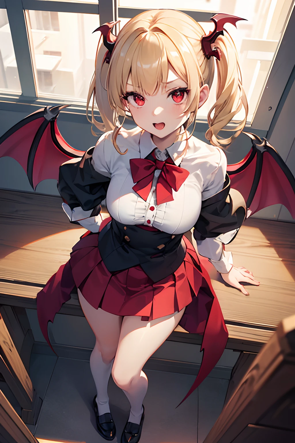 (simplistic),full body view,intricate details,(best quality),(masterpiece:1.2),(detailed:1.2),(sharp focus), blonde short hair in twintails, anime girl, vampire, vampire girl, big boobs school clothes, high school uniform, cute face, pale skin, red eyes, silly looking, silly face, ((school classroom background)), navy skirt, red tie, white social shirt, small red horns, (((pov from above))), (((small vampire wings on rear area))), fang poking out, ((night)), ((black night sky)), ((moonlight filtering through the window))