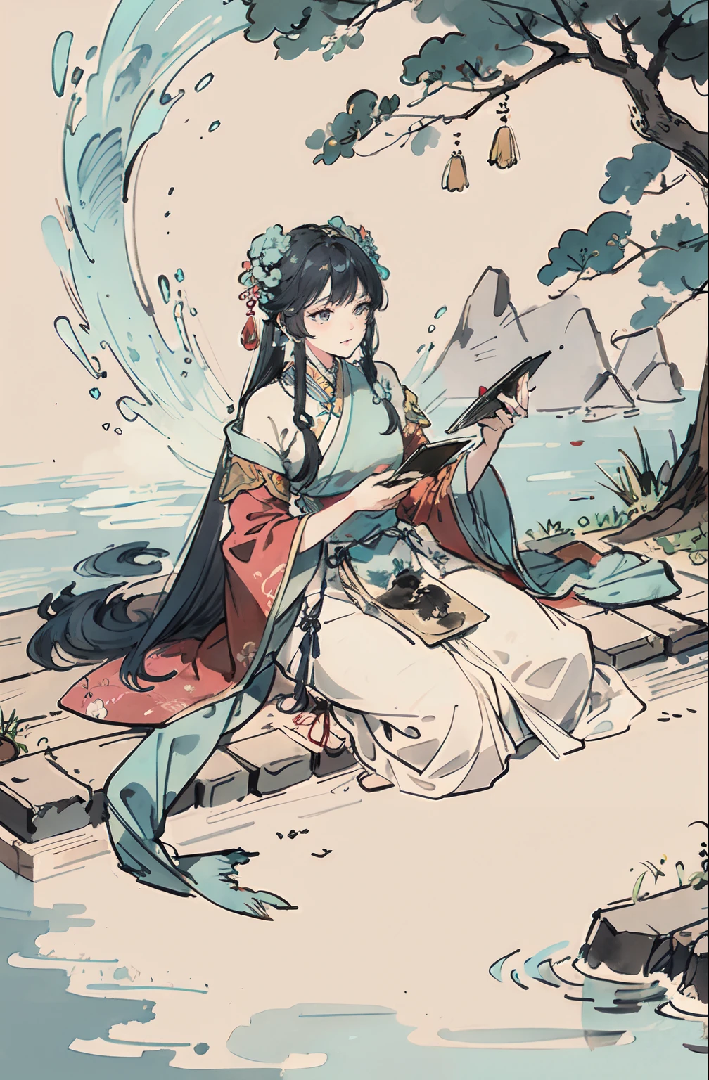 (Masterpiece, best quality: 1.2), traditional Chinese ink painting, garden, a goddess of animals, turquoise blue hair, dreamy, highly detailed, dynamic, ethereal