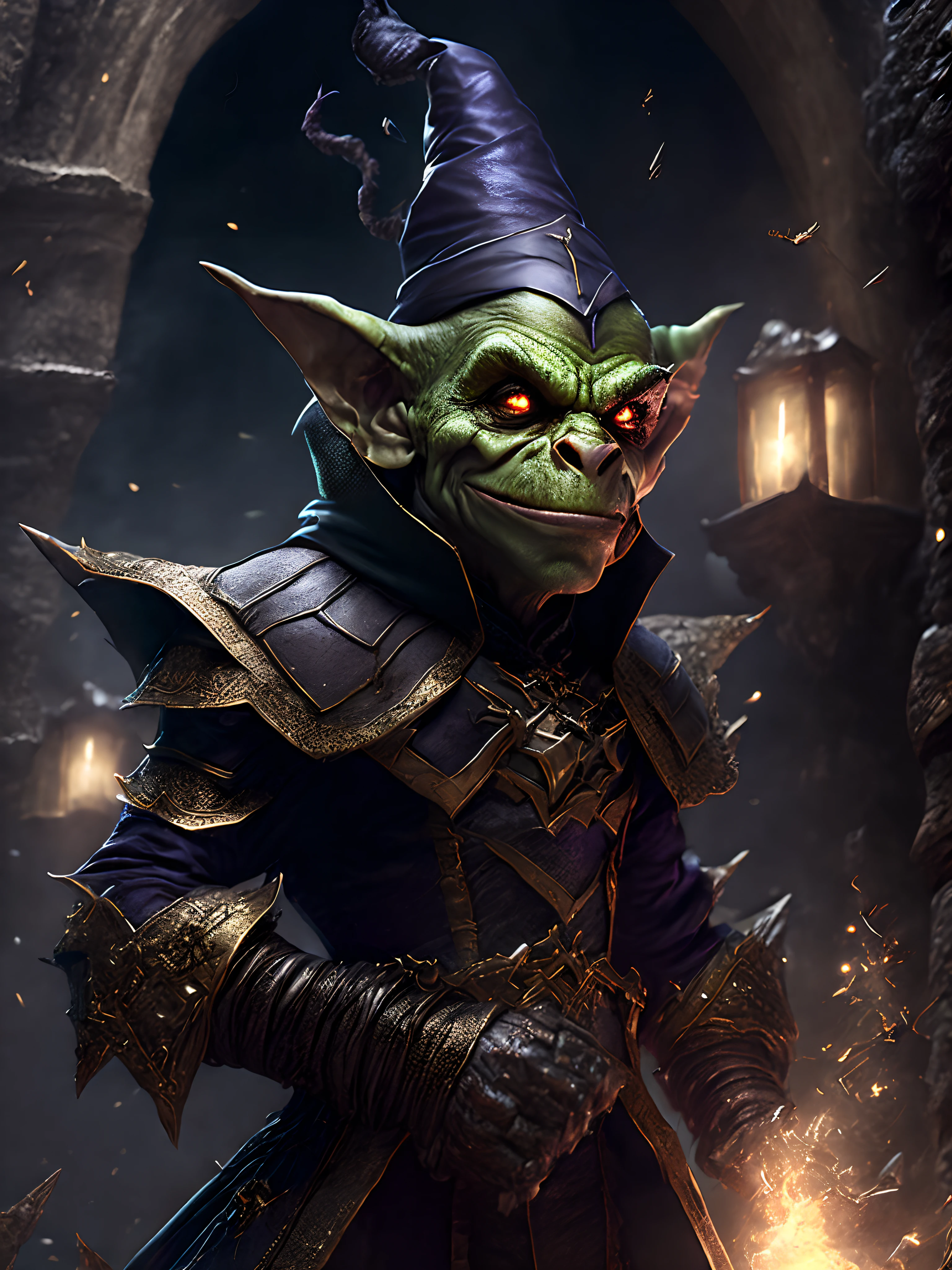 (extremely detailed CG unity 8k wallpaper,masterpiece, best quality, ultra-detailed),fantastic illumination,fantasy creatures, 

["Luke the dimmy goblin"(1),((dynamic pose)),(yellow eyes:1.2)(1),dark green skin,(dirty teeth),sharp nose,pointed ears,(torn clothes),(leather gloves),(horns+pointy hat),grinning]