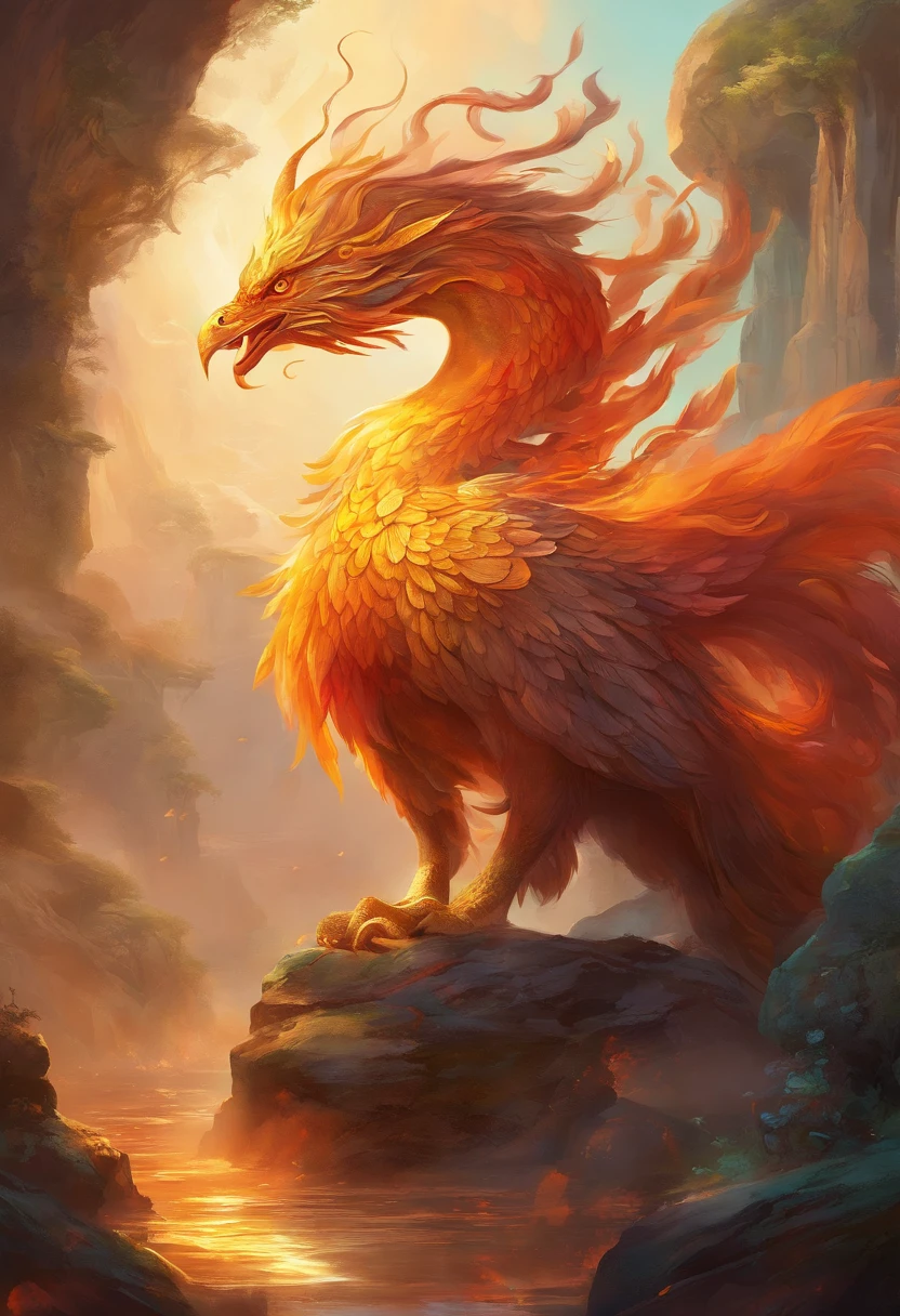 mythological creatures,((Chinese mythology fire phoenix)),Traditional Chinese elements,Ancient murals,Illustrative myths,Fuyao Legend,Dappled light,Hazy haze,mystical aura,tmasterpiece,k hd,Rich in color,Detailed details,Seven colors