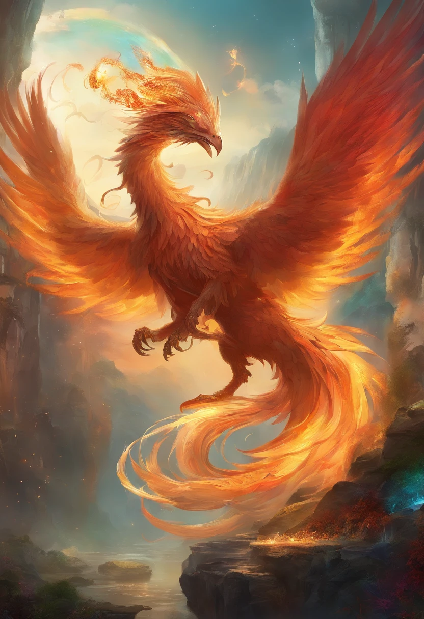 mythological creatures，（（Chinese mythology fire phoenix）），Traditional Chinese elements，Ancient murals，Illustrative myths，Fuyao Legend，Dappled light，Hazy haze，mystical aura，tmasterpiece，k hd，Rich in color，Detailed details，Seven colors