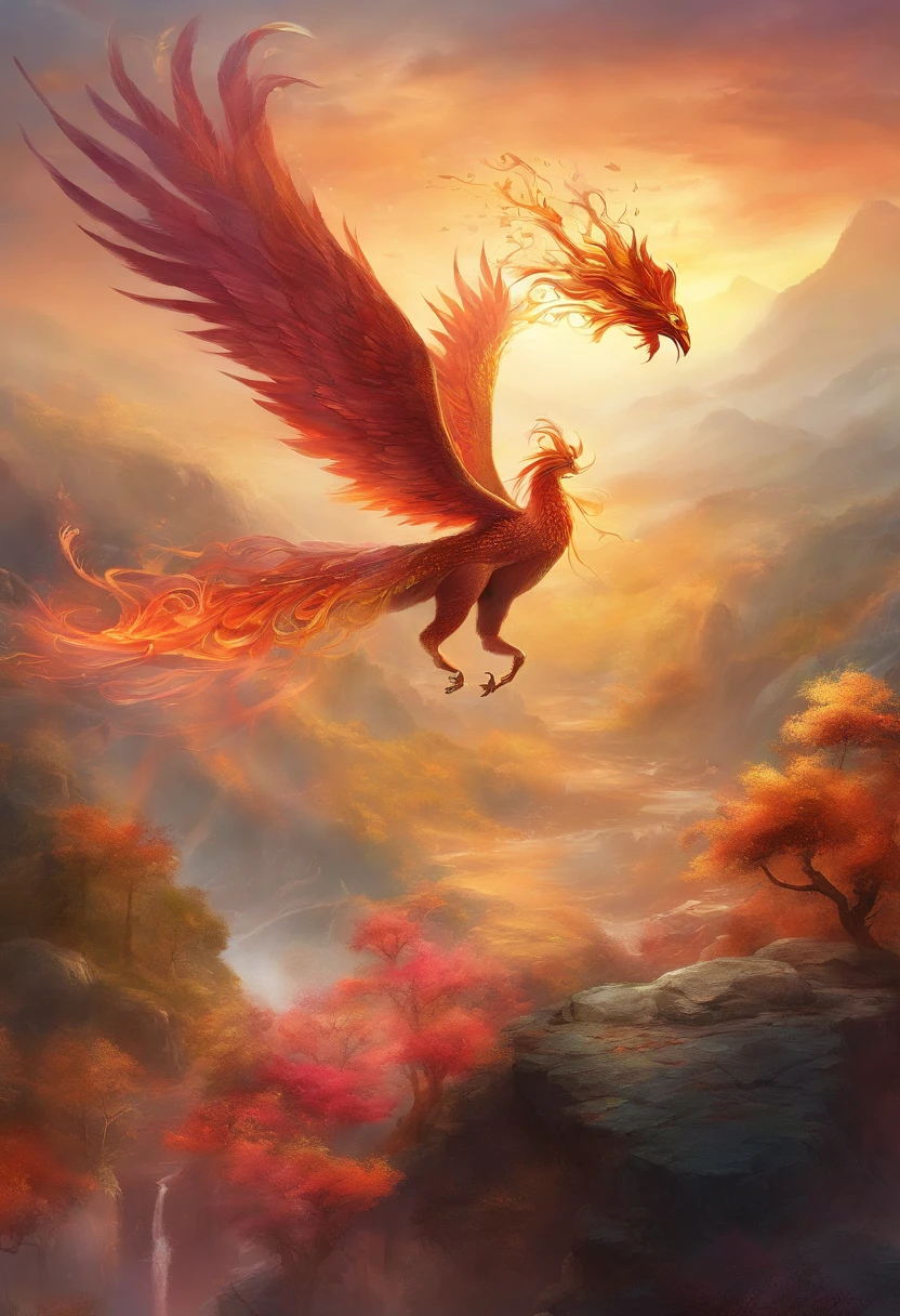 mythological creatures,((Chinese mythology fire phoenix)),Traditional Chinese elements,Ancient murals,Illustrative myths,Fuyao Legend,Dappled light,Hazy haze,mystical aura,tmasterpiece,k hd,Rich in color,Detailed details,Seven colors