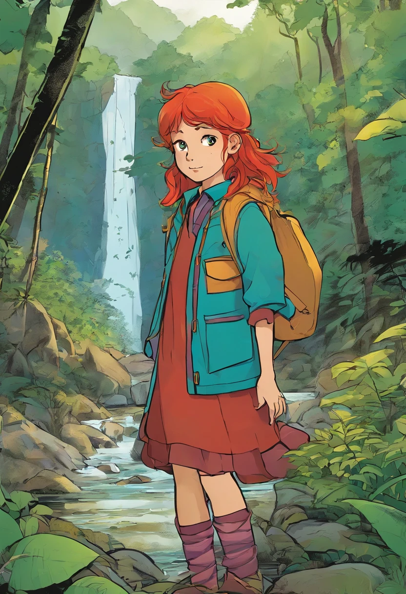 Walking through the forest、Full body photo of an 8--old l passing near a waterfall。She has long red hair、Have green eyes、Wearing a blue coat